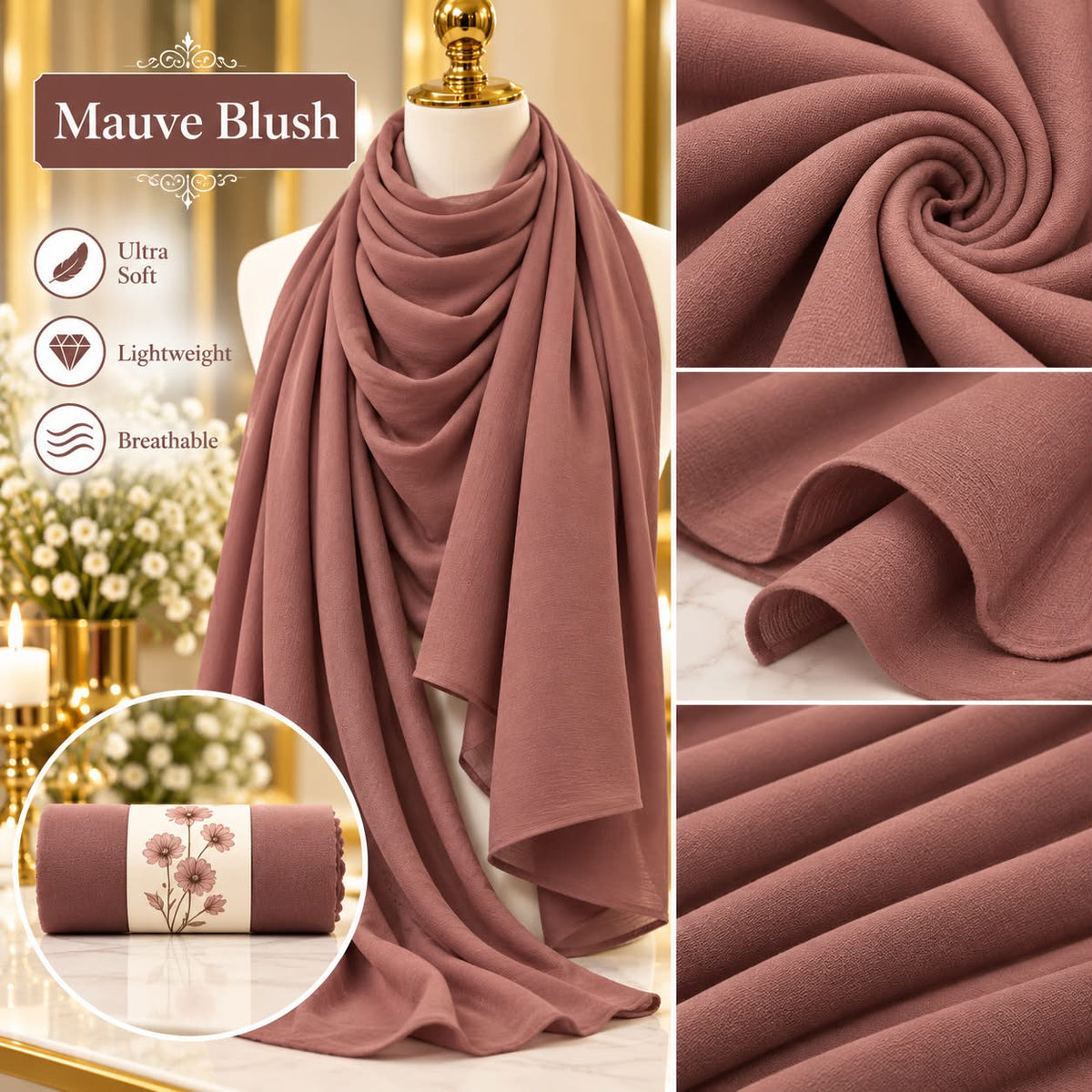 Plain Hijab Scarf Soft Lightweight Everyday Headscarf Elegant Muslim Women’s Hijab