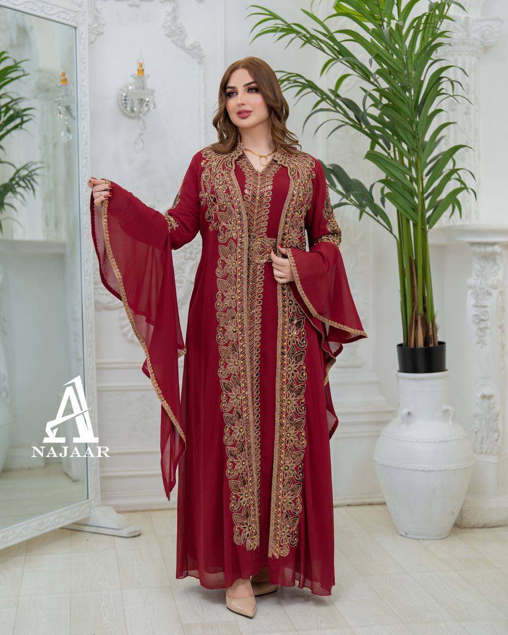 Luxury Crepe Kaftan Set | Crystal Belt, Modest Islamic Gown