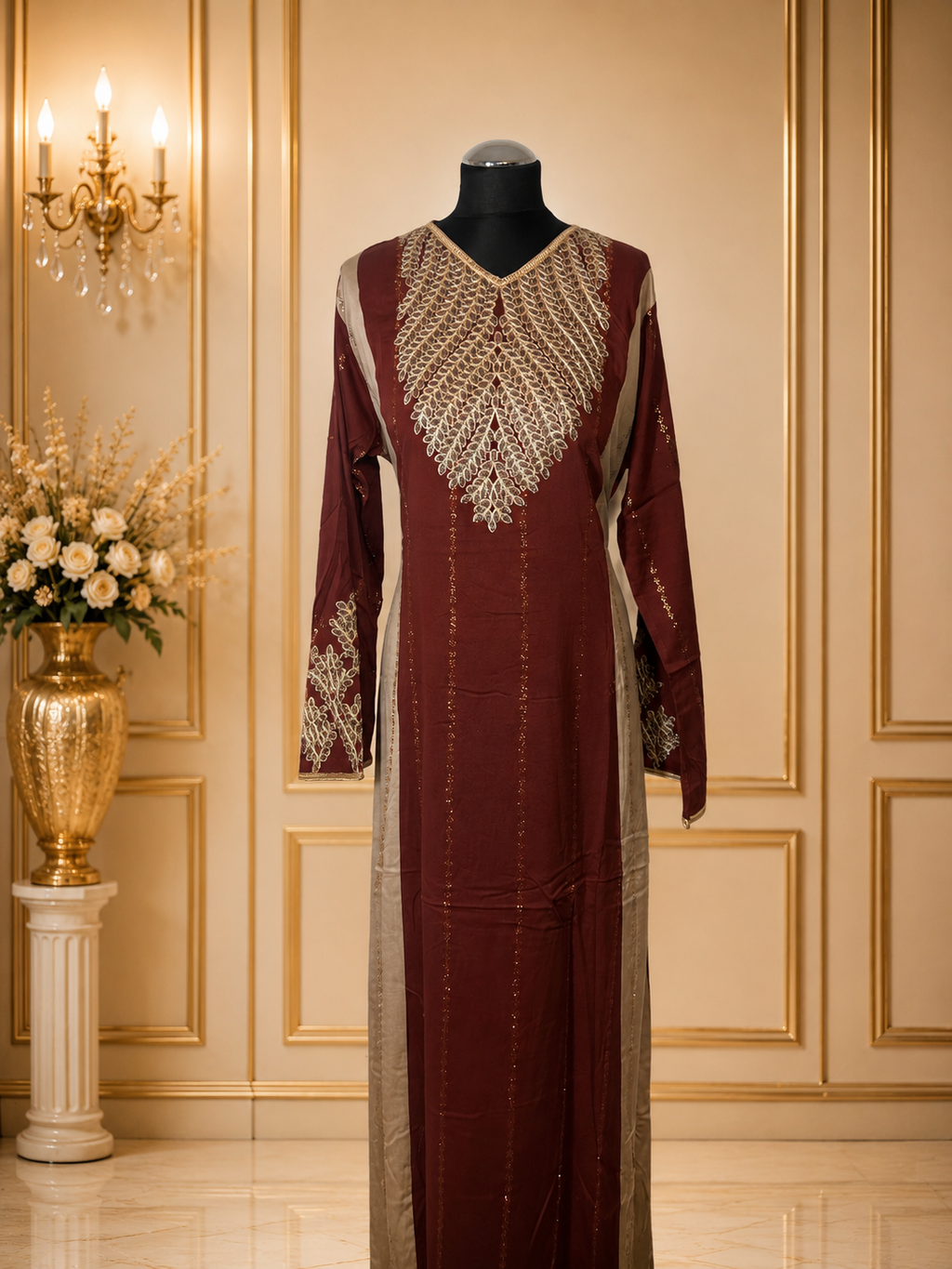 Luxury Embroidered Maxi Dress for Women – Moroccan Kaftan Abaya Long Sleeve Evening Gown with Gold Embellishment