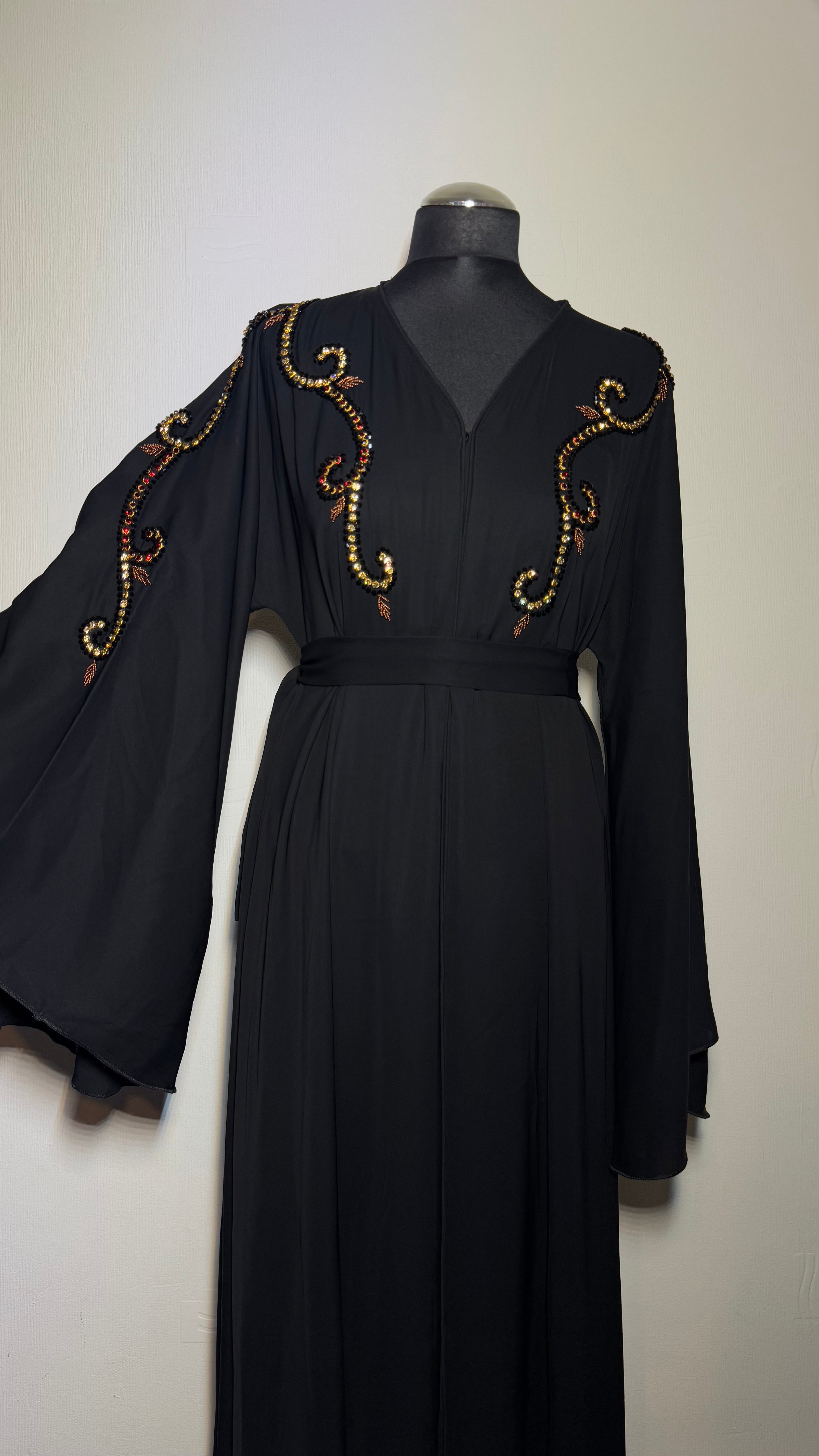 Crystal Abaya – Handmade Black Abaya with Hijab, Eid Dress, Modest Dubai Style
