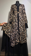 Dress for Women – Chiffon Abaya with Layered Sleeves, Leopard Print, Dusty Rose & Black, Free Size