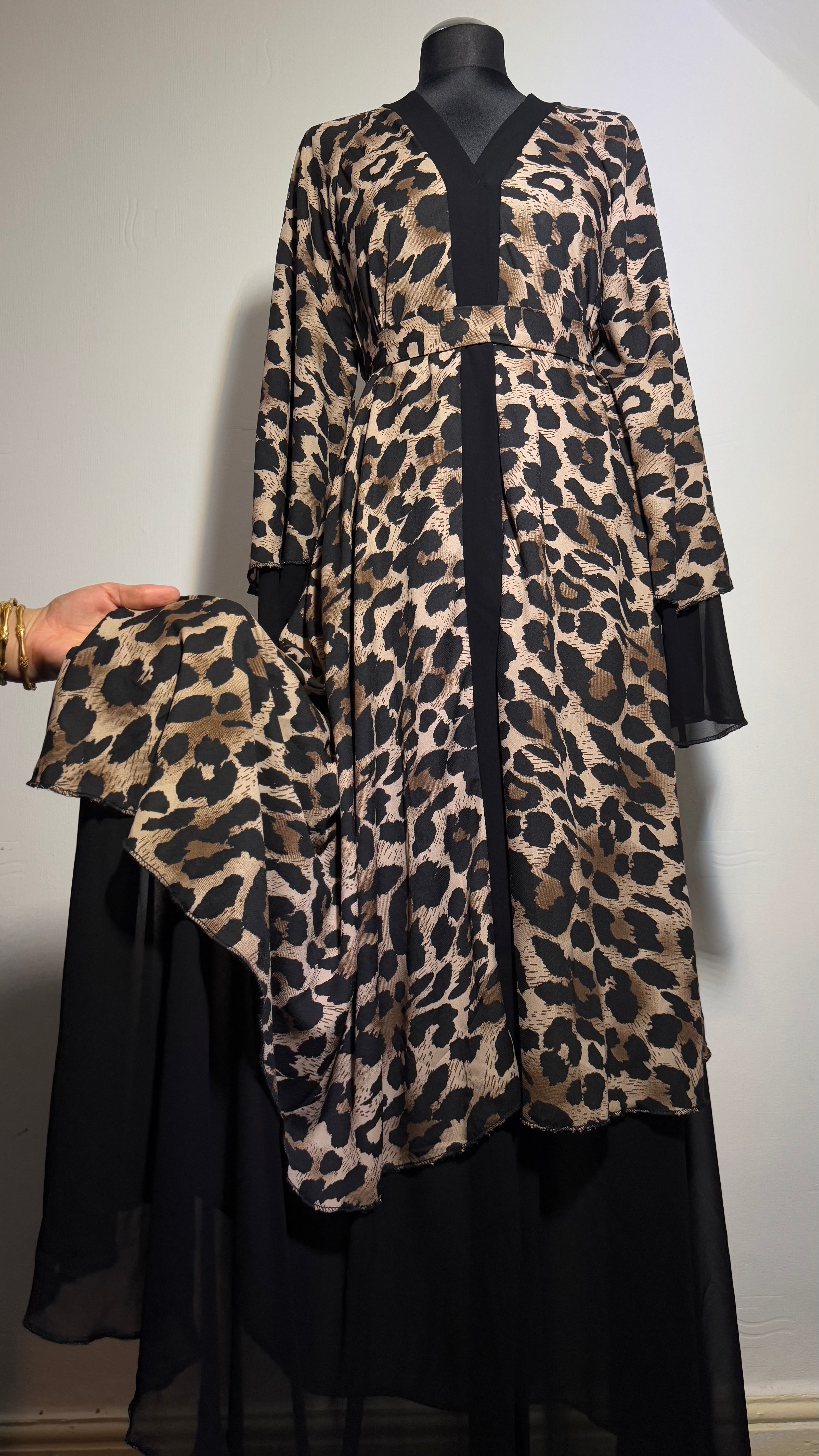 Dress for Women – Chiffon Abaya with Layered Sleeves, Leopard Print, Dusty Rose & Black, Free Size