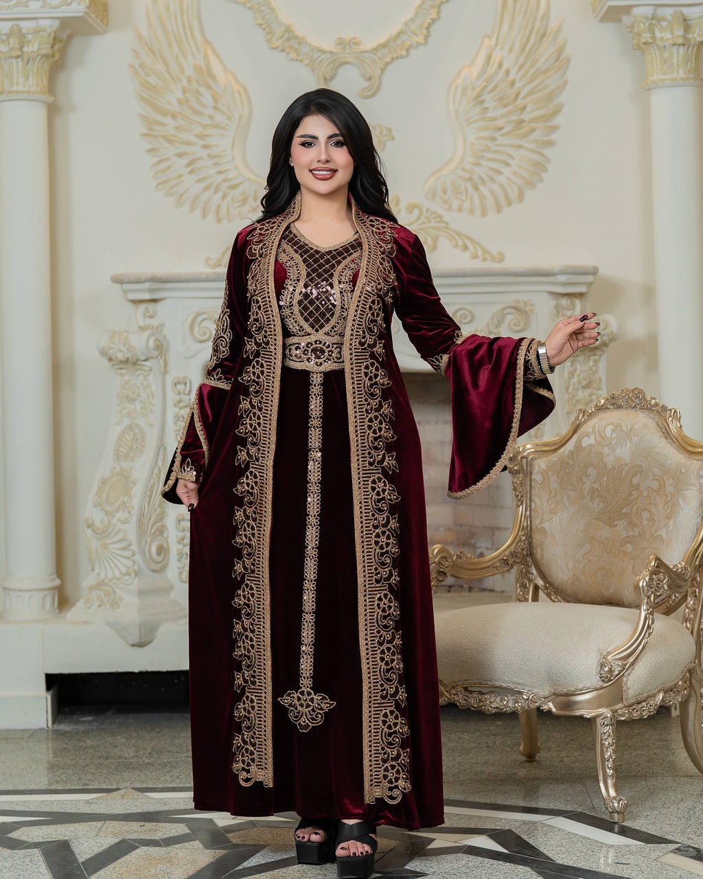 Luxury Qadifa Kaftan Dress | Embroidered & Crystal Detail | Modest Islamic Evening Wear for Wedding  Eid