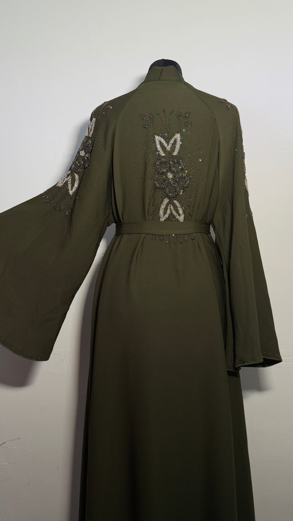 Olive Green Crystal Abaya Free Size | Elegant Beaded Modest Dress | Luxury Kaftan with Back & Sleeve Detail | Eid Evening Wear