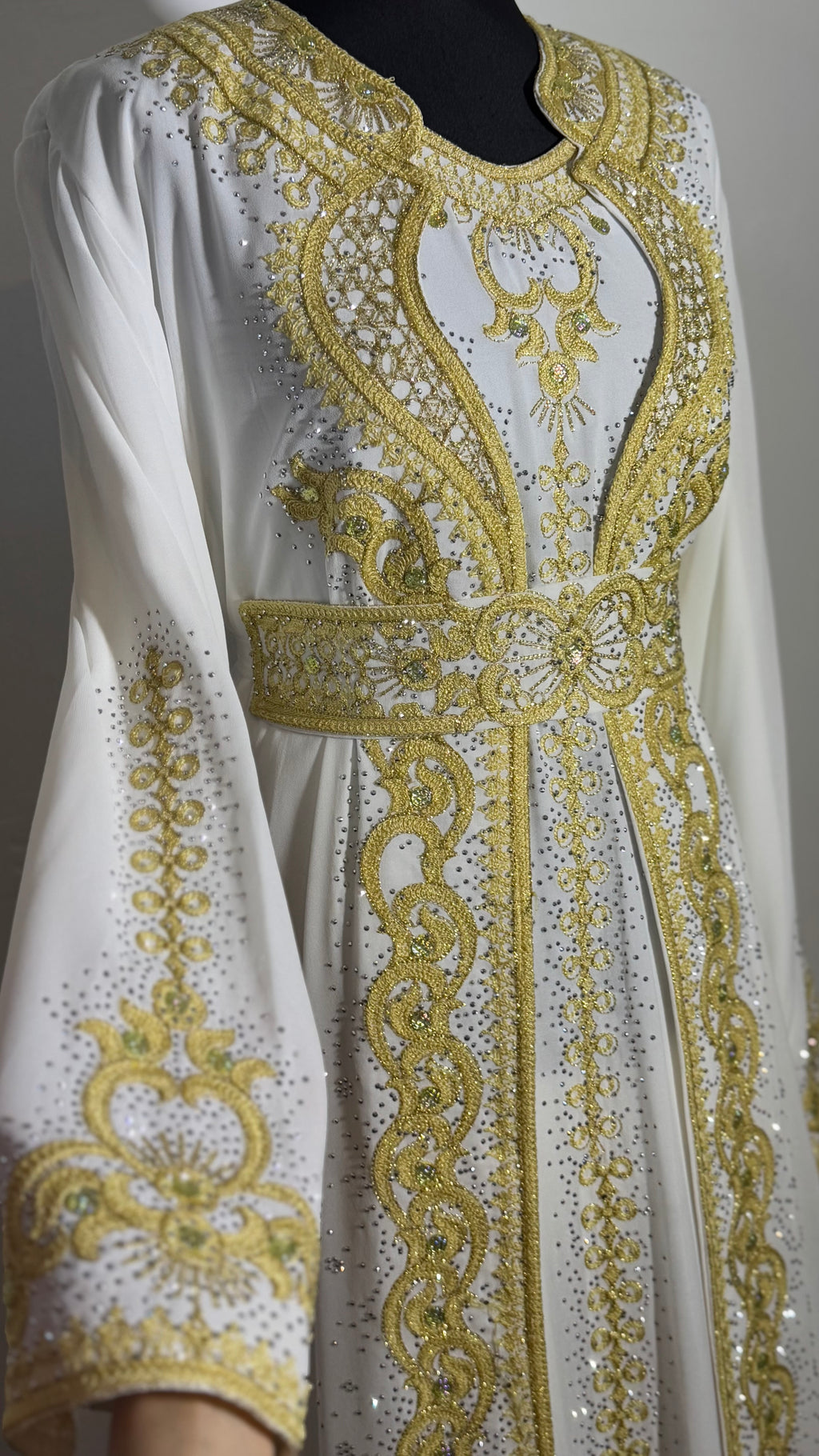 Luxury White & Gold Kaftan | Hand Embellished Moroccan Dress | Elegant Eid Wedding Abaya | Modest Maxi Dress with Belt