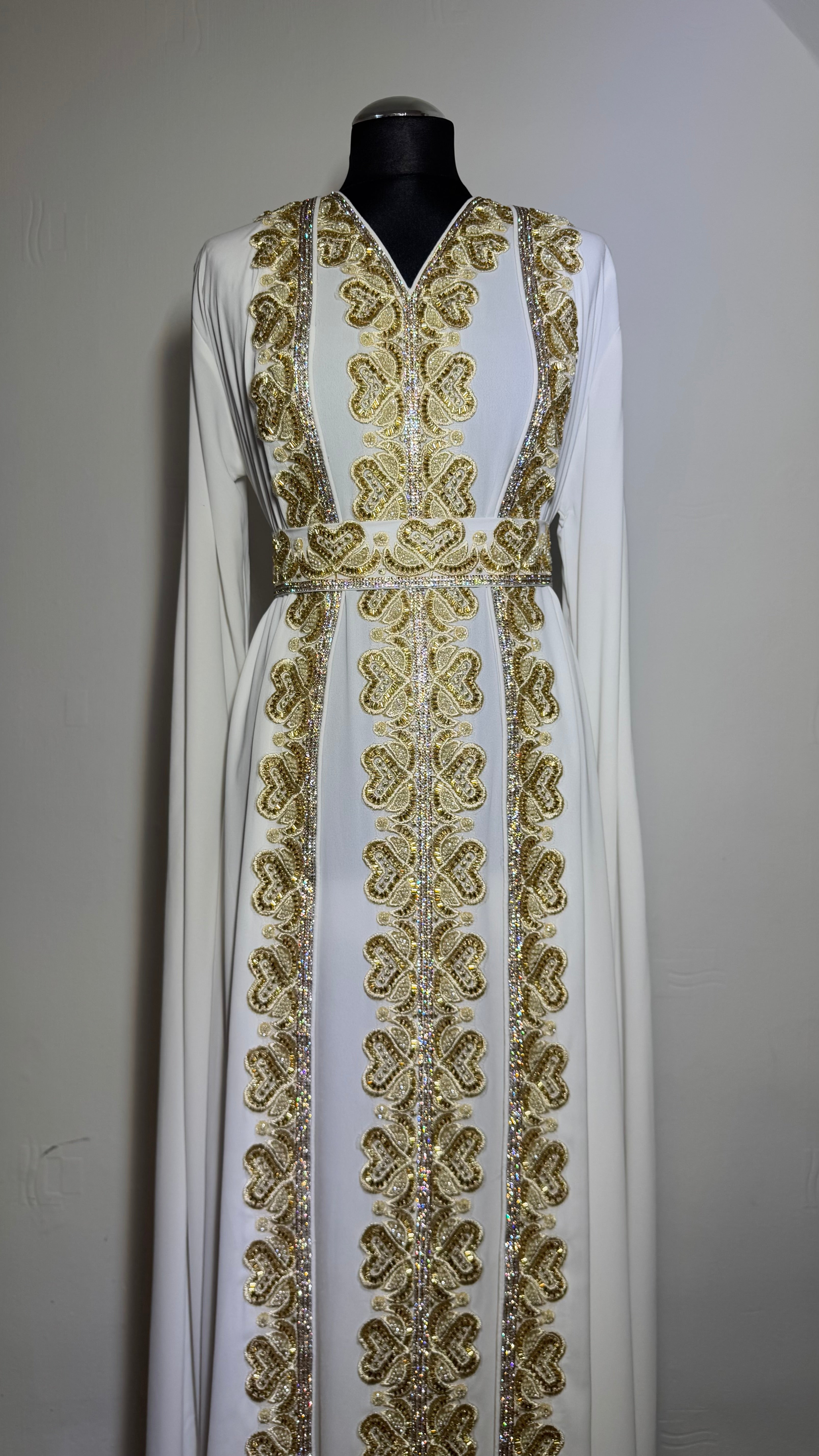 Ivory Gold Kaftan – White Kaftan Dress, Luxury Eid Wedding Outfit, Modest Maxi Dress