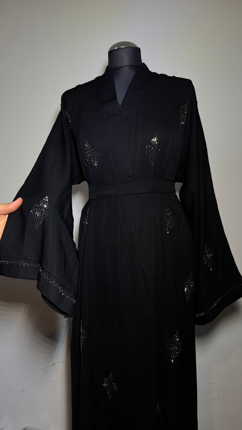 Elegant Abaya with Crystal Detail, Long Sleeve, Belted