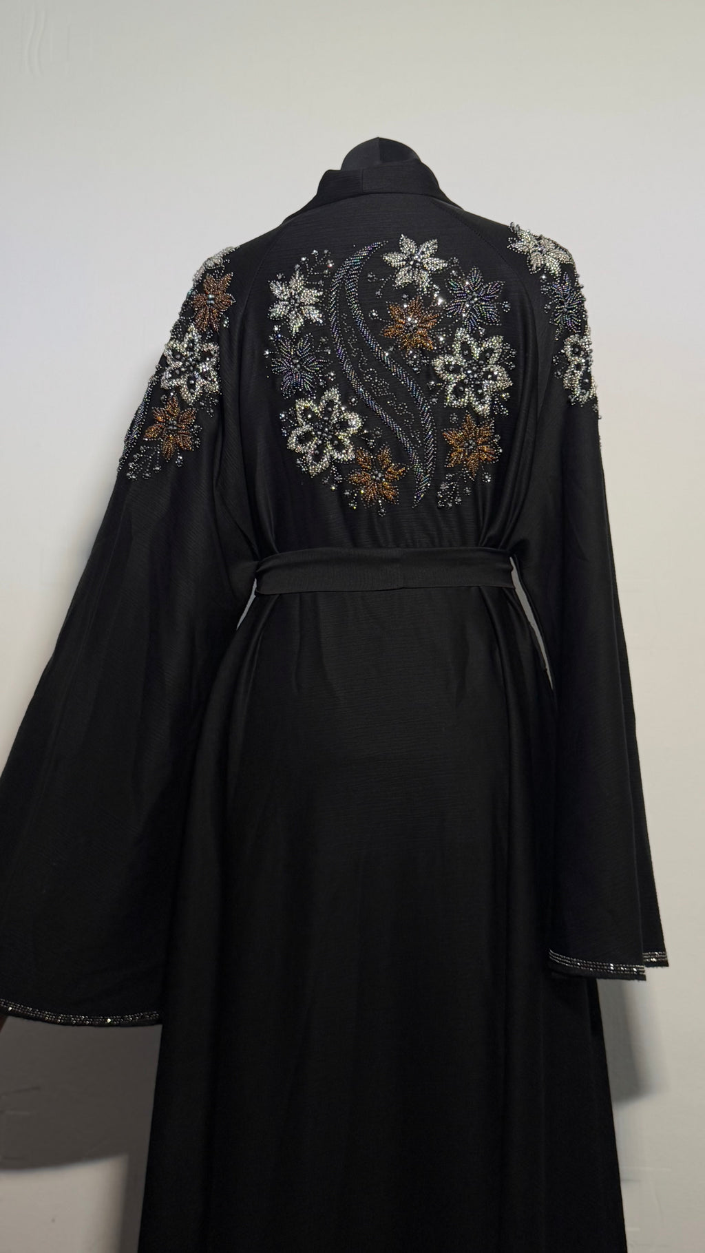 Luxury Black Beaded Abaya Free Size | Elegant Modest Dress | Crystal Embroidered Kaftan | Eid Evening Abaya