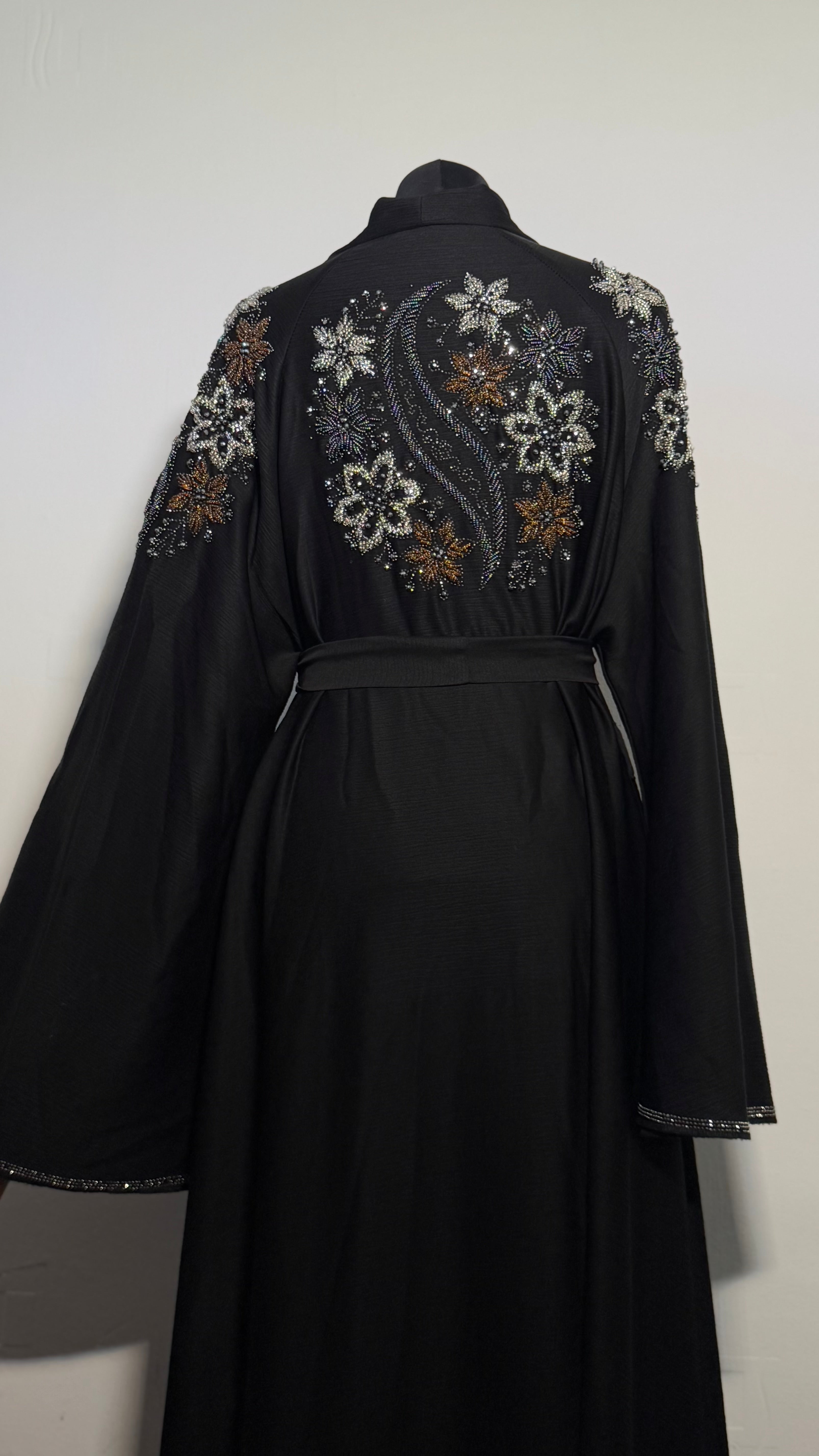 Luxury Black Beaded Abaya Free Size | Elegant Modest Dress | Crystal Embroidered Kaftan | Eid Evening Abaya