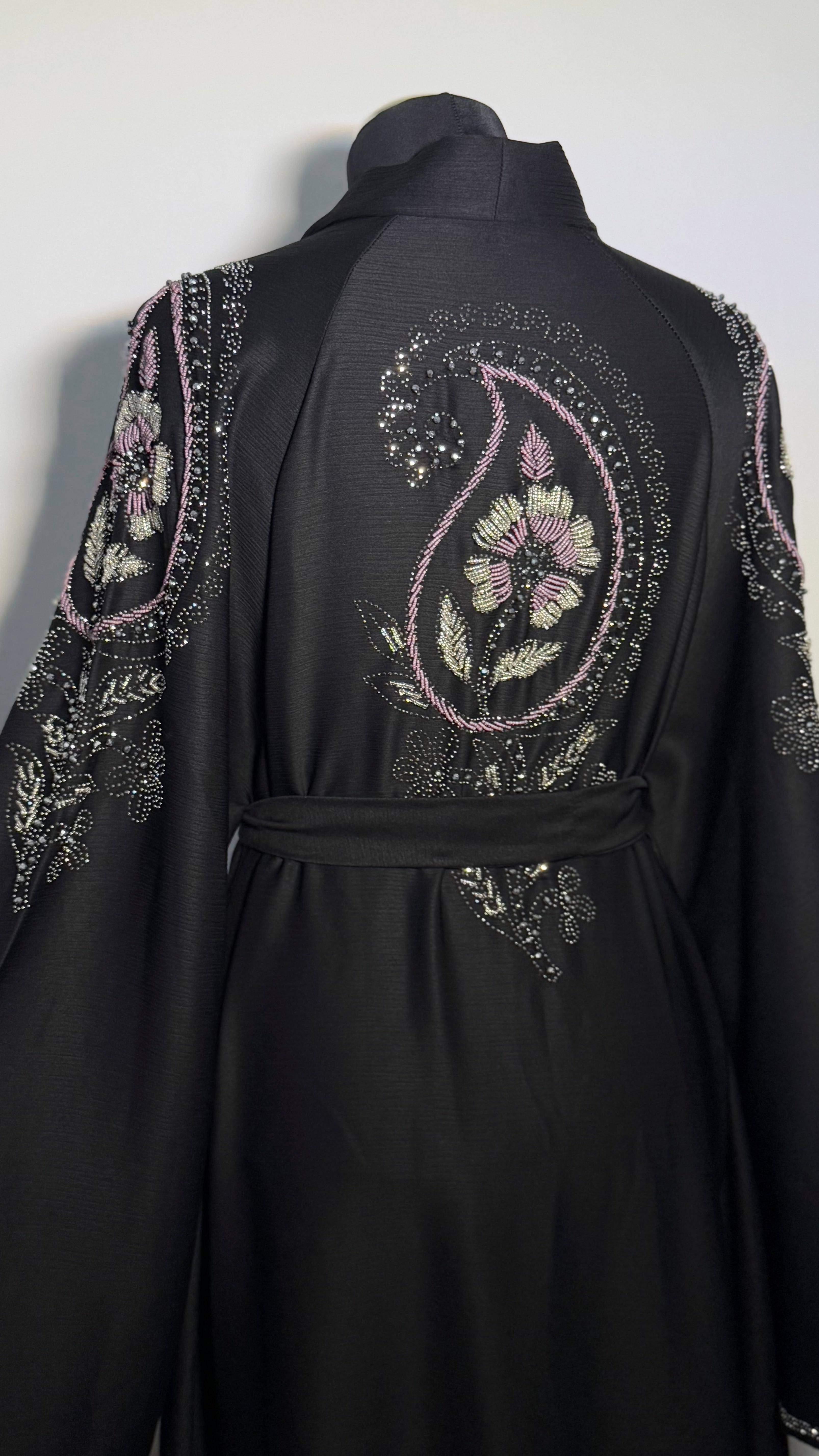 Luxury Black Beaded Abaya Free Size | Elegant Modest Dress | Crystal Embroidered Kaftan | Eid Evening Abaya