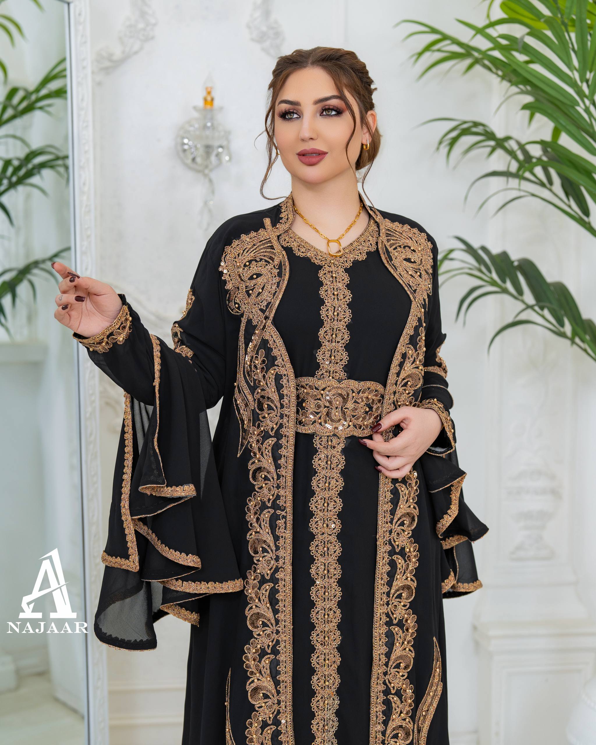 Luxury Crepe Kaftan Set | Crystal Belt, Modest Islamic Gown