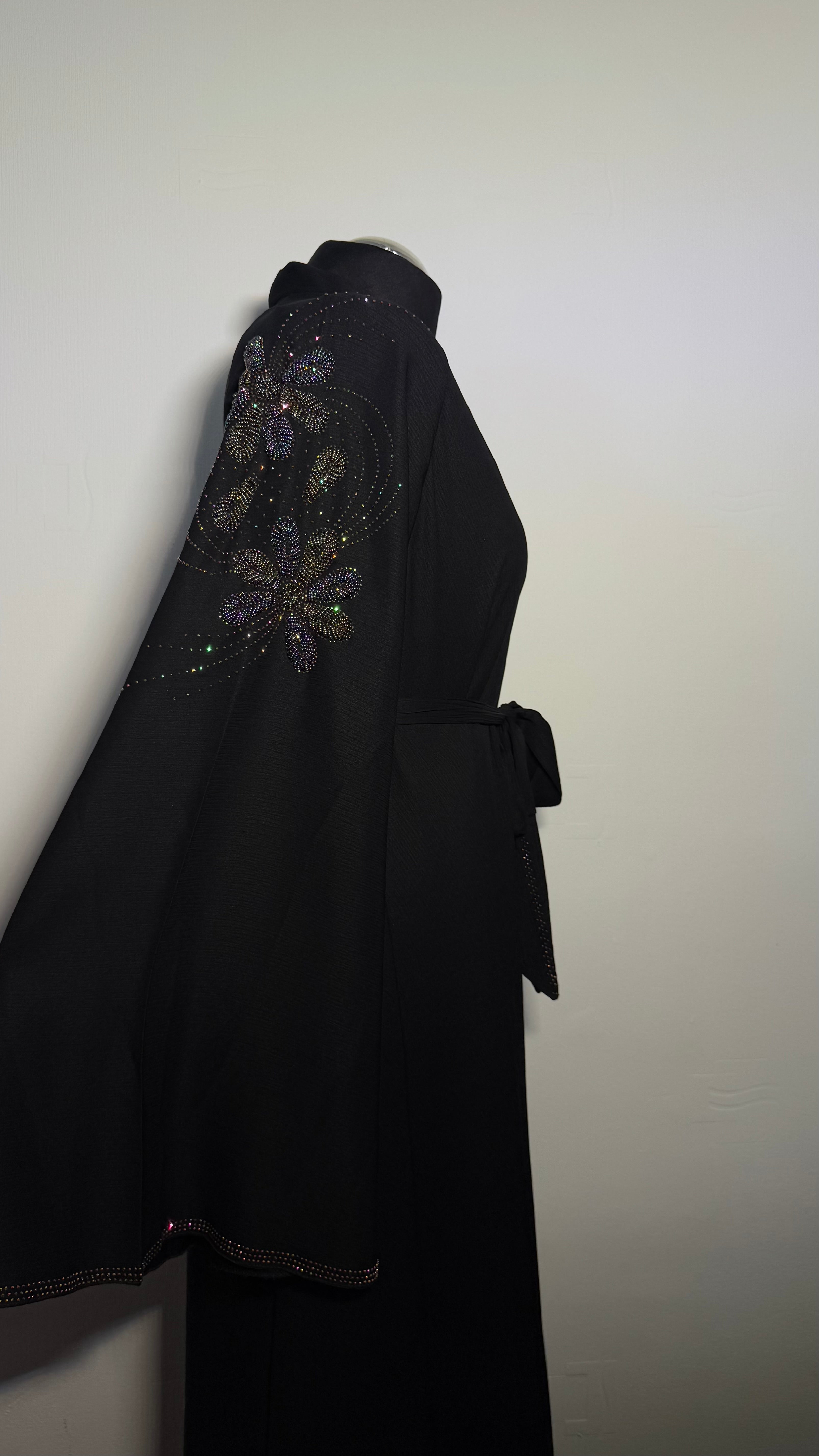Luxury Black Beaded Abaya Free Size | Elegant Modest Dress | Crystal Embroidered Kaftan | Eid Evening Abaya