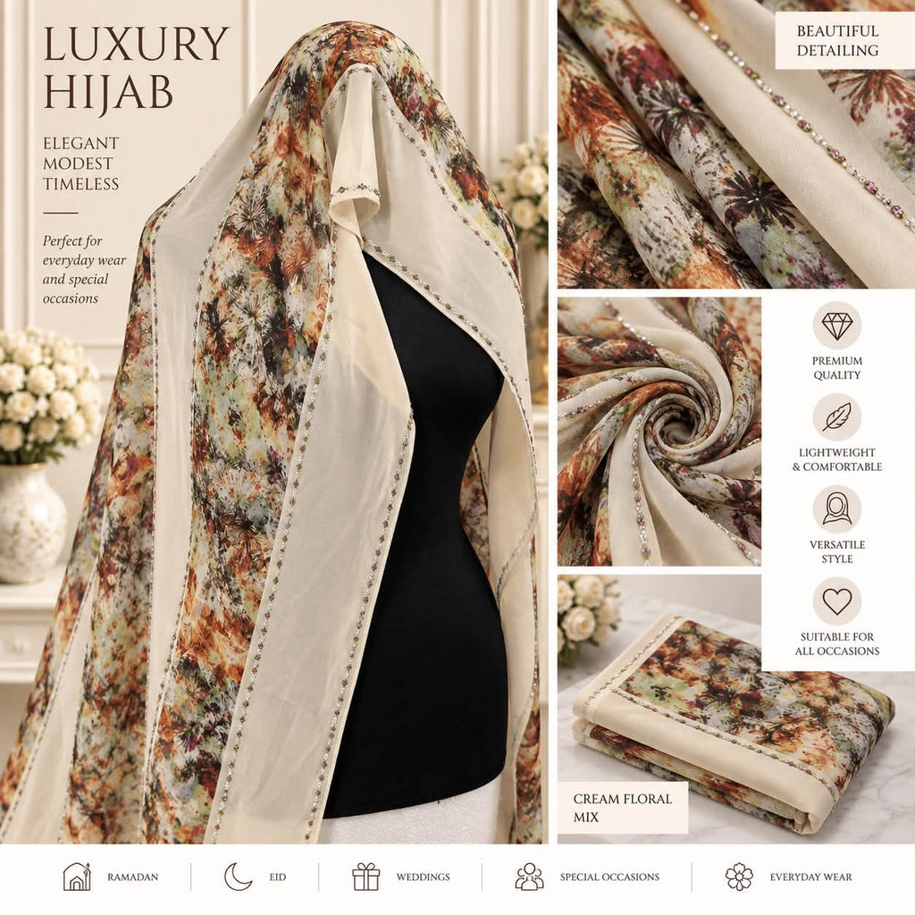 Luxury Two-Tone Crystal Hijab Scarf Elegant Sparkle Edge Occasion  Everyday Shawl
