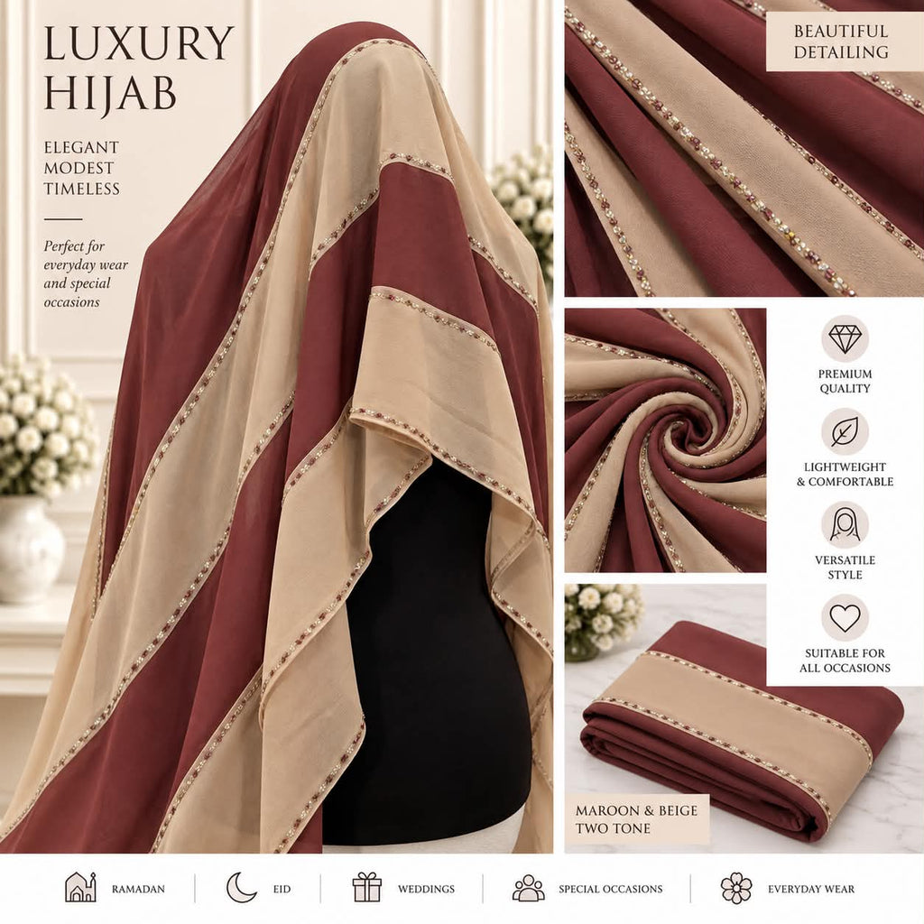 Luxury Two-Tone Crystal Hijab Scarf Elegant Sparkle Edge Occasion  Everyday Shawl
