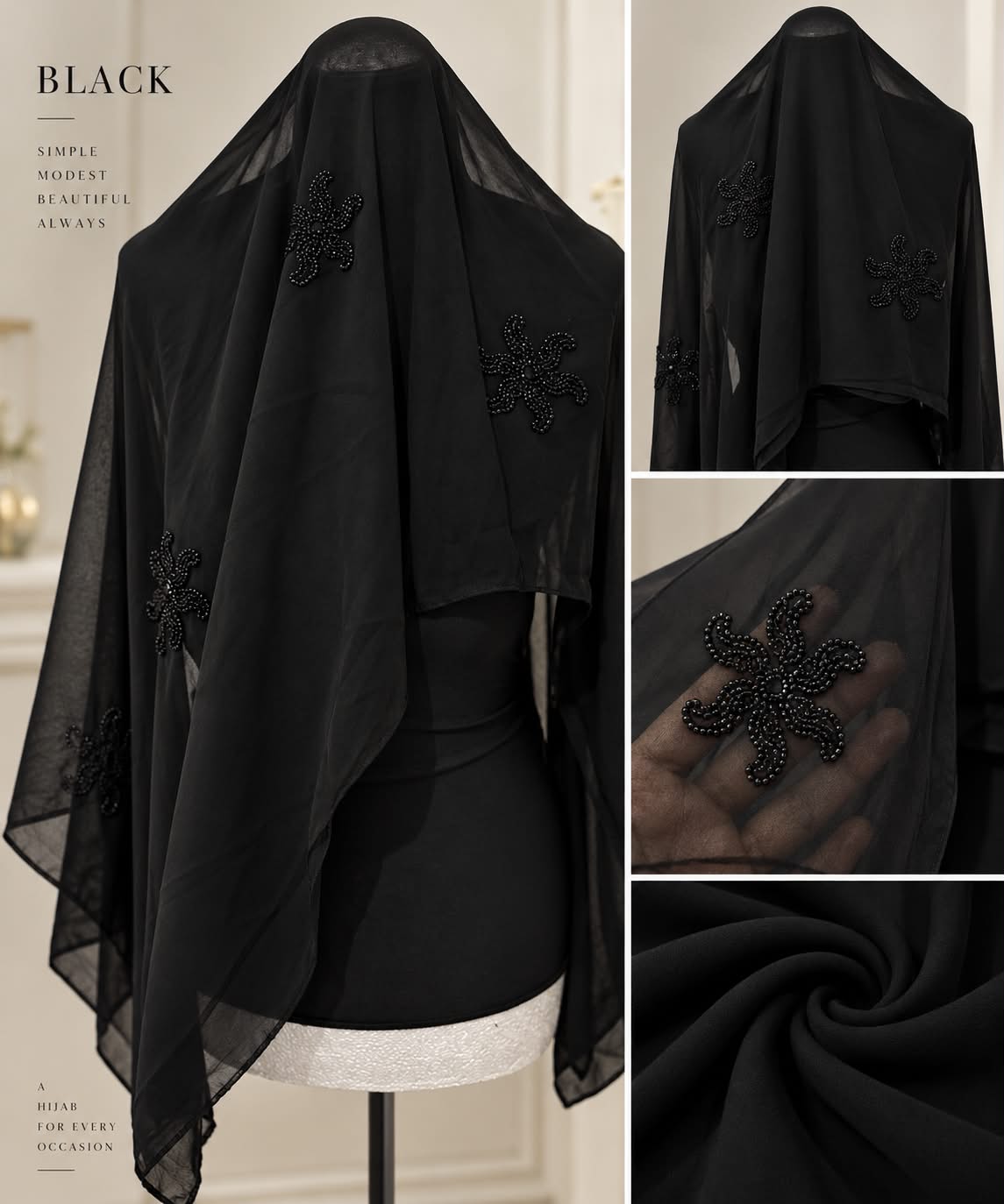 Black Chiffon Hijab with Beaded Feather Leaf Design