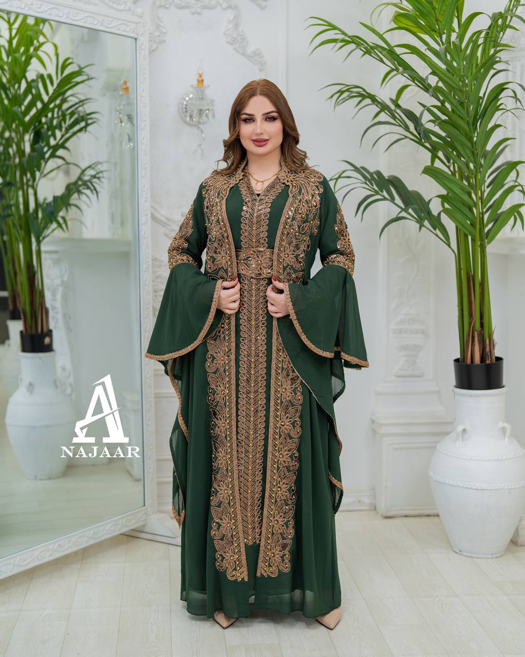 Luxury Crepe Kaftan Set | Crystal Belt, Modest Islamic Gown