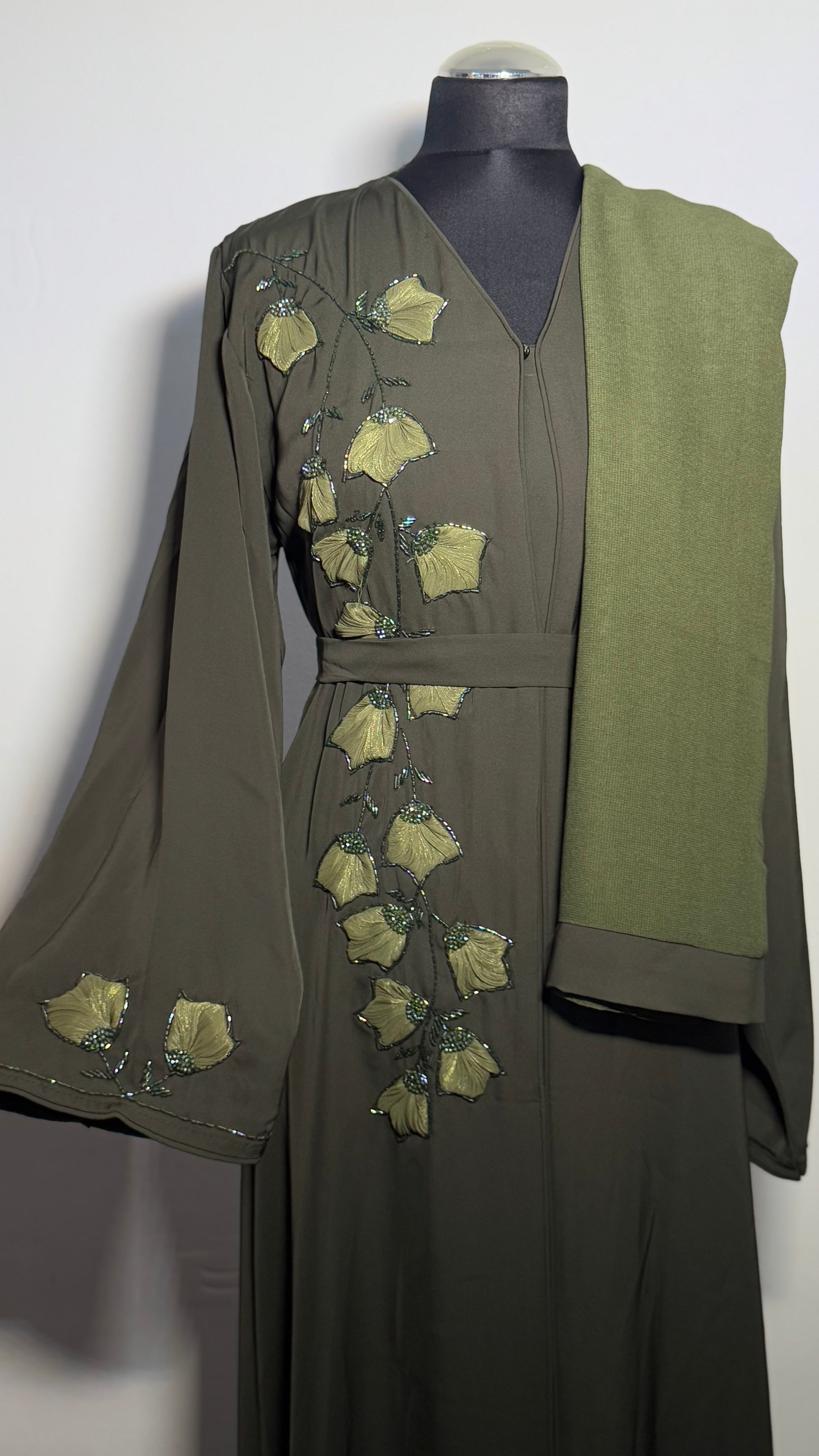 Embroidered Abaya with Matching Hijab Set | Floral Modest Dress for Occasions