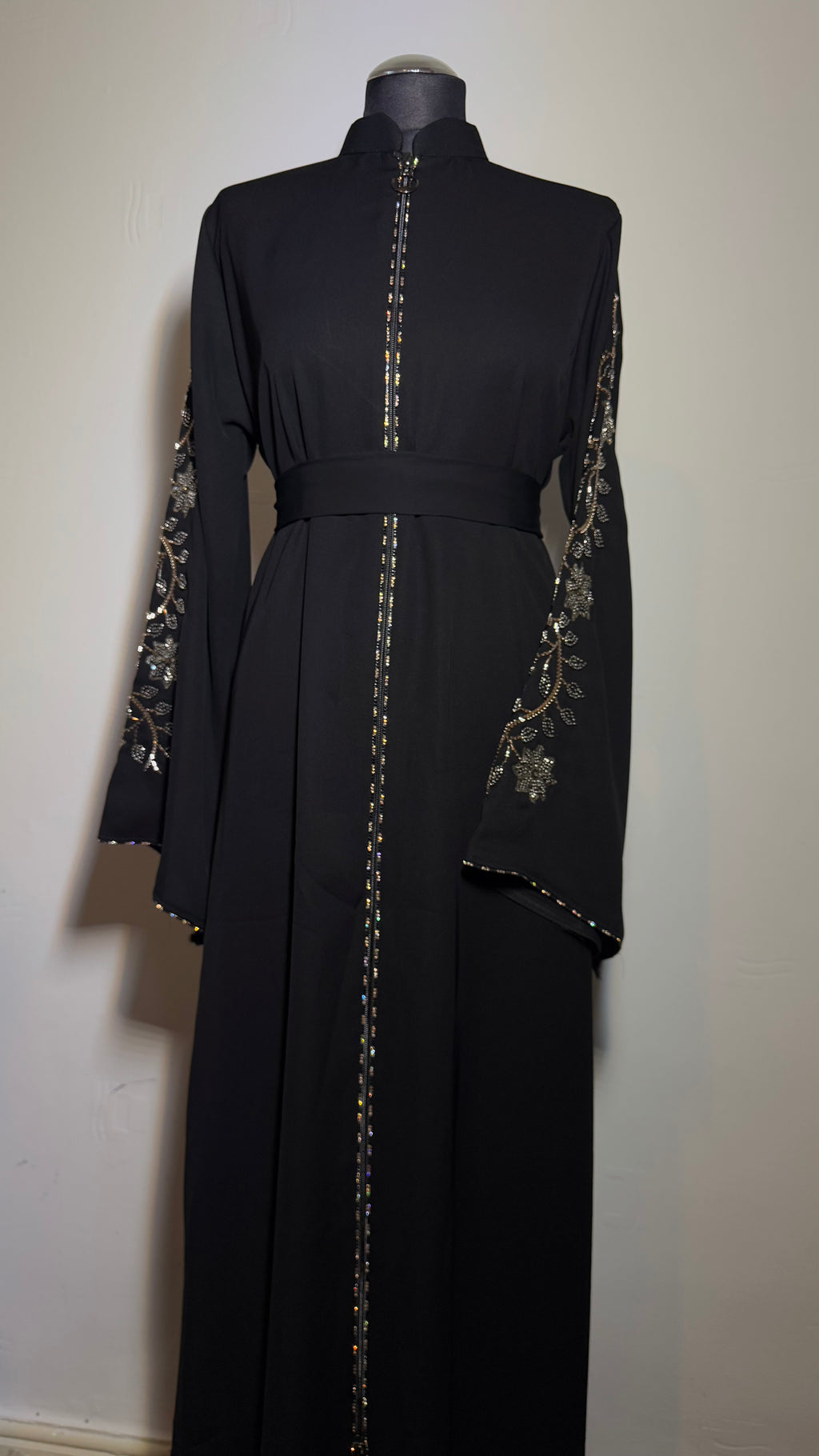 Embroidered Abaya –  Black Abaya with Crystal Sleeves, Zip Front, Luxury Eid Dress