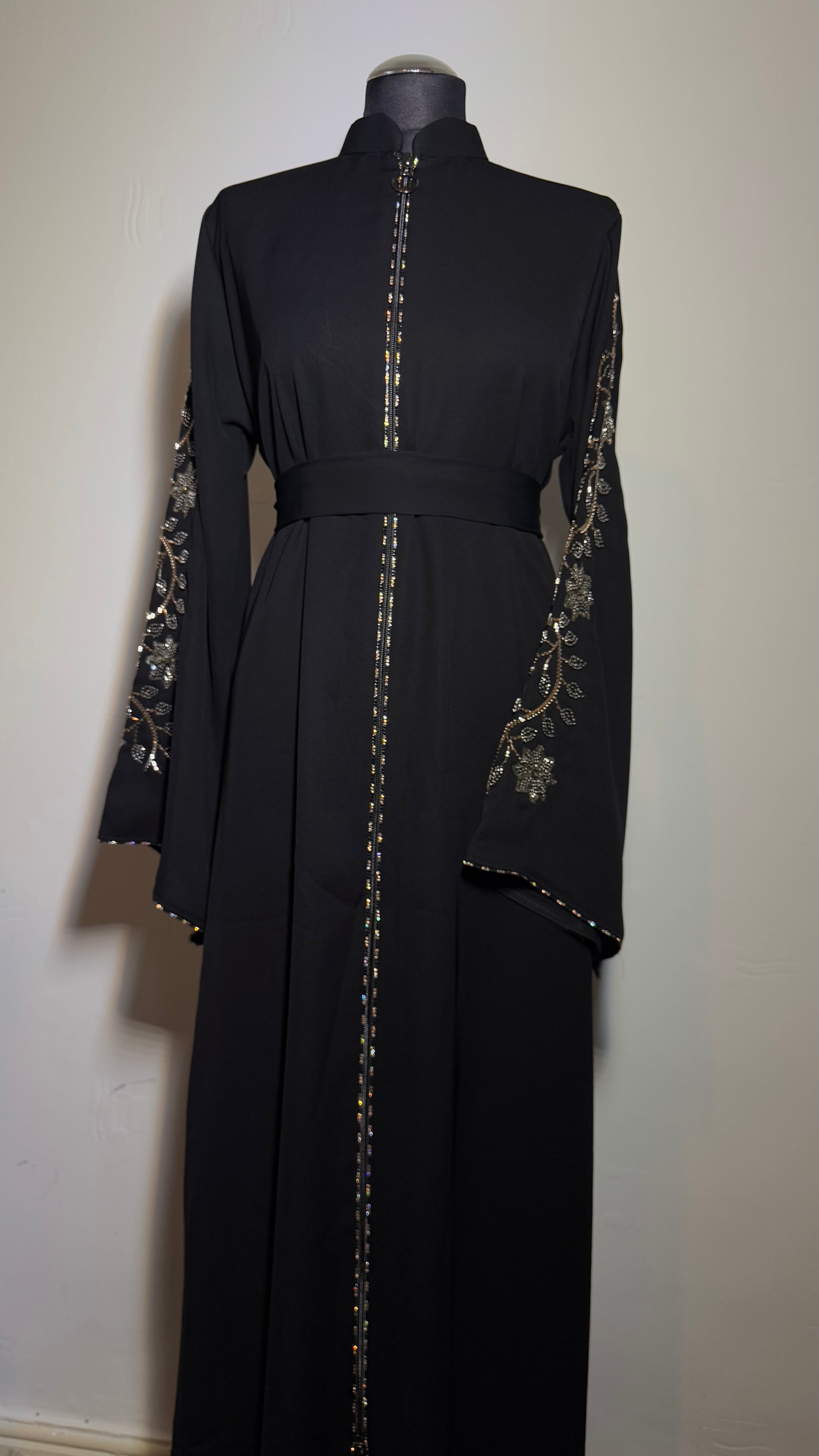 Embroidered Abaya –  Black Abaya with Crystal Sleeves, Zip Front, Luxury Eid Dress