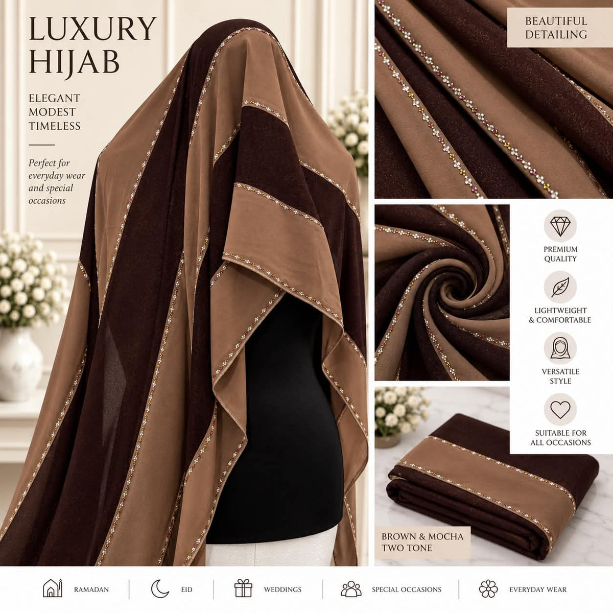 Luxury Two-Tone Crystal Hijab Scarf Elegant Sparkle Edge Occasion  Everyday Shawl