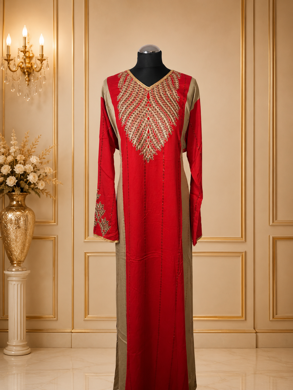 Luxury Embroidered Maxi Dress for Women – Moroccan Kaftan Abaya Long Sleeve Evening Gown with Gold Embellishment