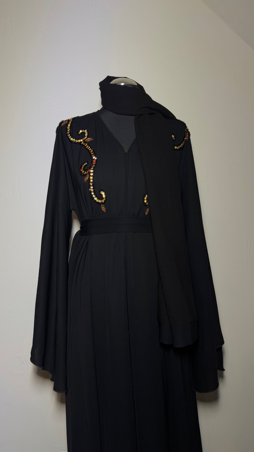 Crystal Abaya – Handmade Black Abaya with Hijab, Eid Dress, Modest Dubai Style