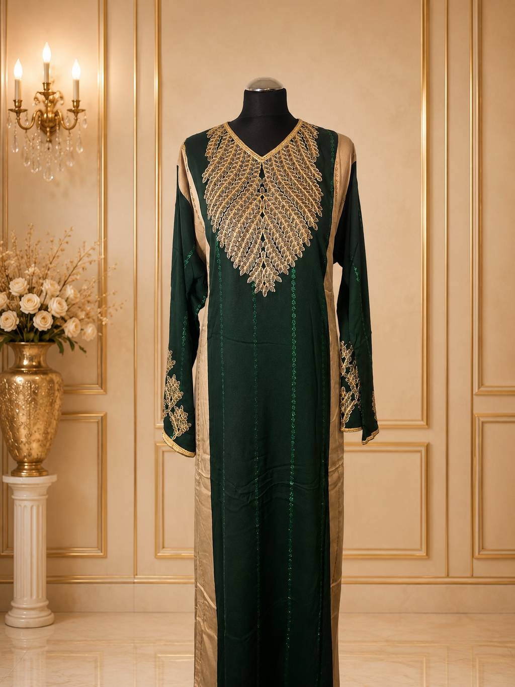 Luxury Embroidered Maxi Dress for Women – Moroccan Kaftan Abaya Long Sleeve Evening Gown with Gold Embellishment