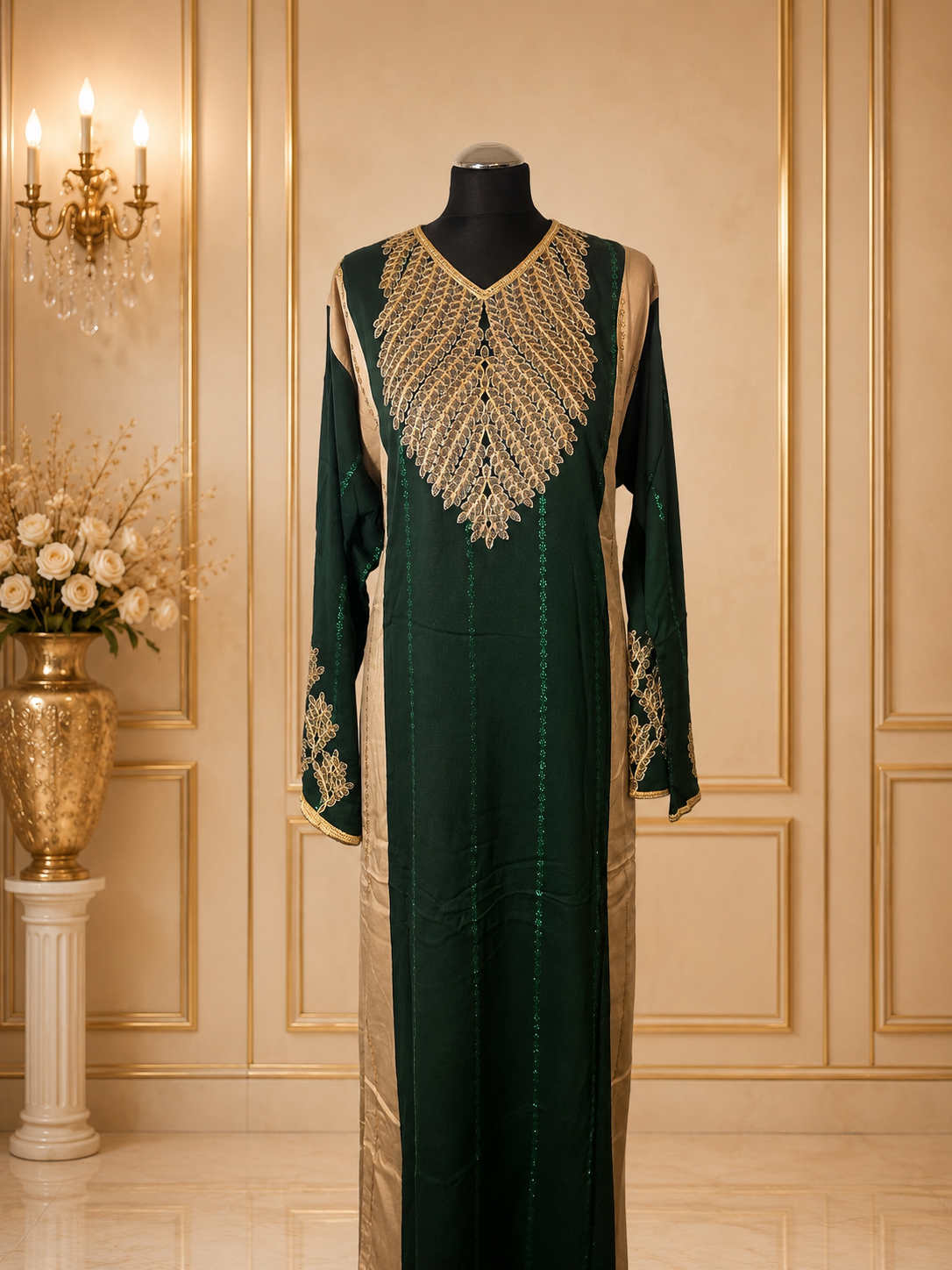 Luxury Embroidered Maxi Dress for Women – Moroccan Kaftan Abaya Long Sleeve Evening Gown with Gold Embellishment