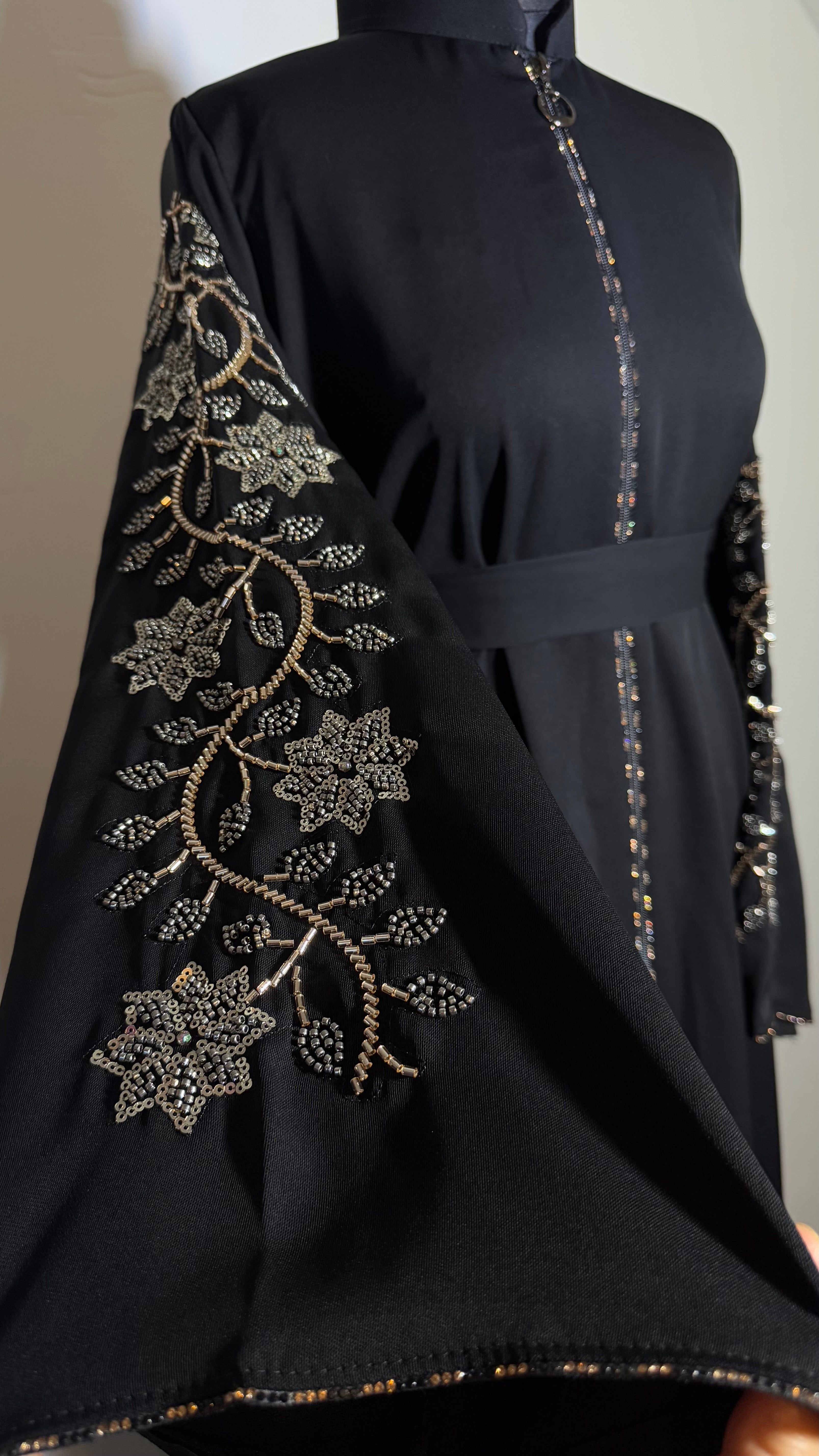 Embroidered Abaya –  Black Abaya with Crystal Sleeves, Zip Front, Luxury Eid Dress
