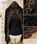 Black Chiffon Hijab with Gold Bronze Floral Embroidery Scalloped Edge Scarf