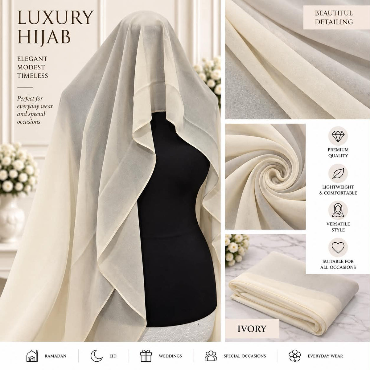 Women’s Chiffon Hijab Scarf Lightweight Soft Plain Headscarf everyday Modest Muslim Shawl
