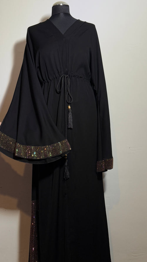 Black Embellished Abaya, Elegant Modest Dress with Drawstring Waist, Sparkle Sleeve Abaya, Evening Wear