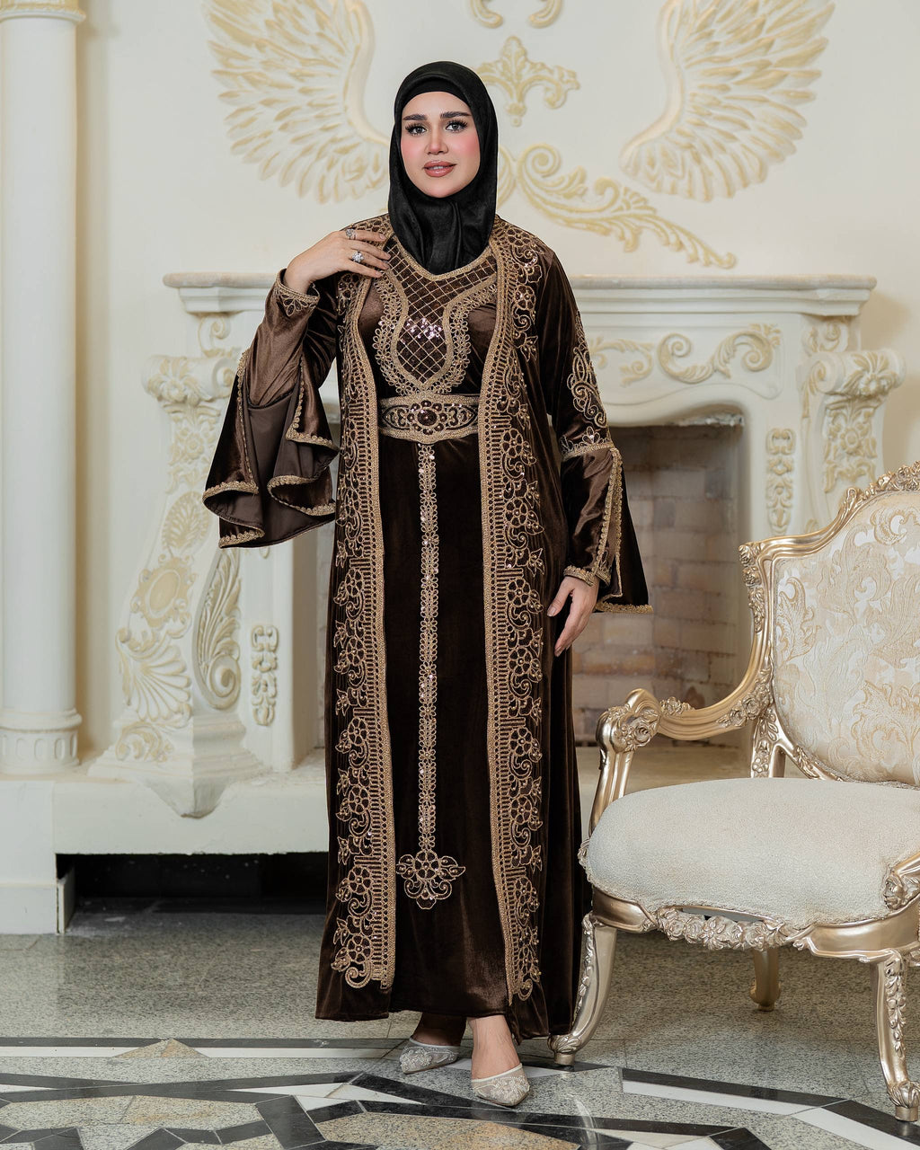 Luxury Qadifa Kaftan Dress | Embroidered & Crystal Detail | Modest Islamic Evening Wear for Wedding  Eid