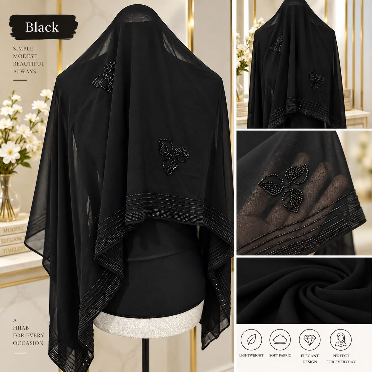 Black Chiffon Hijab with Crystal Leaf Detail Beaded Border