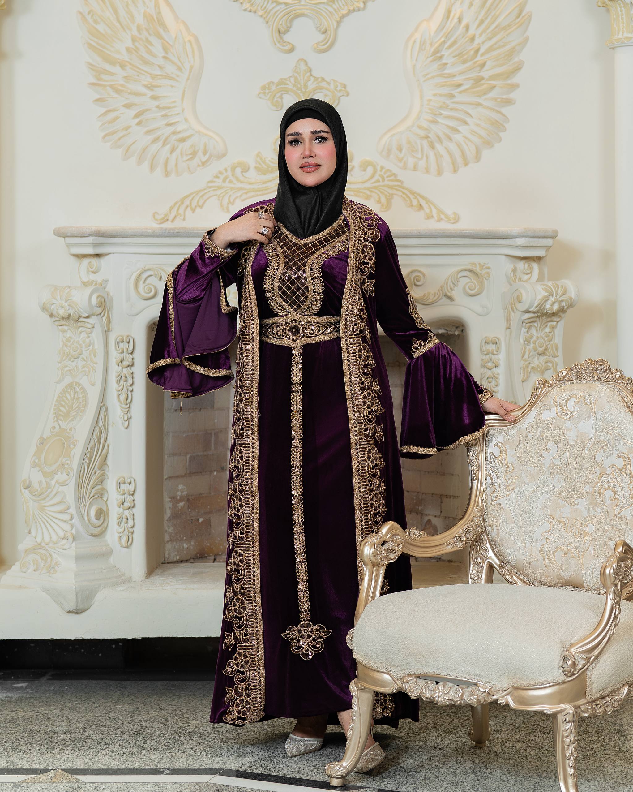 Luxury Qadifa Kaftan Dress | Embroidered & Crystal Detail | Modest Islamic Evening Wear for Wedding  Eid