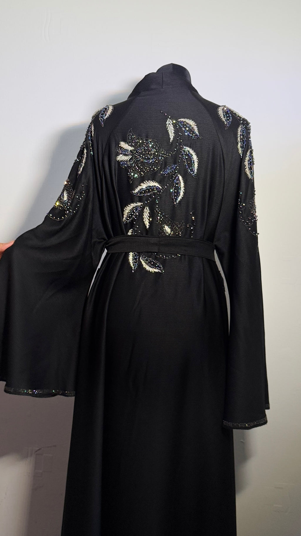 Luxury Black Beaded Abaya Free Size | Elegant Modest Dress | Crystal Embroidered Kaftan | Eid Evening Abaya