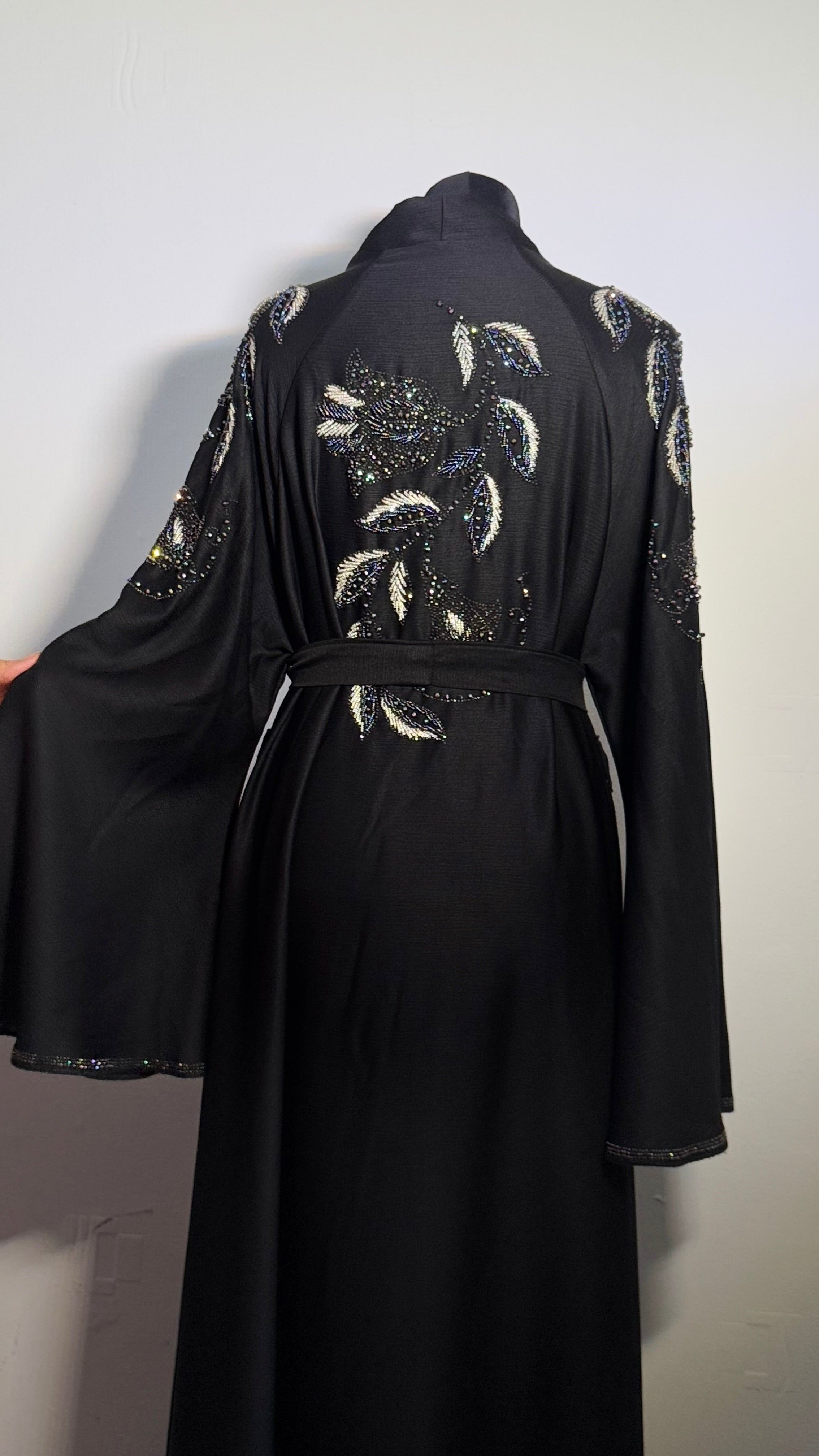 Luxury Black Beaded Abaya Free Size | Elegant Modest Dress | Crystal Embroidered Kaftan | Eid Evening Abaya