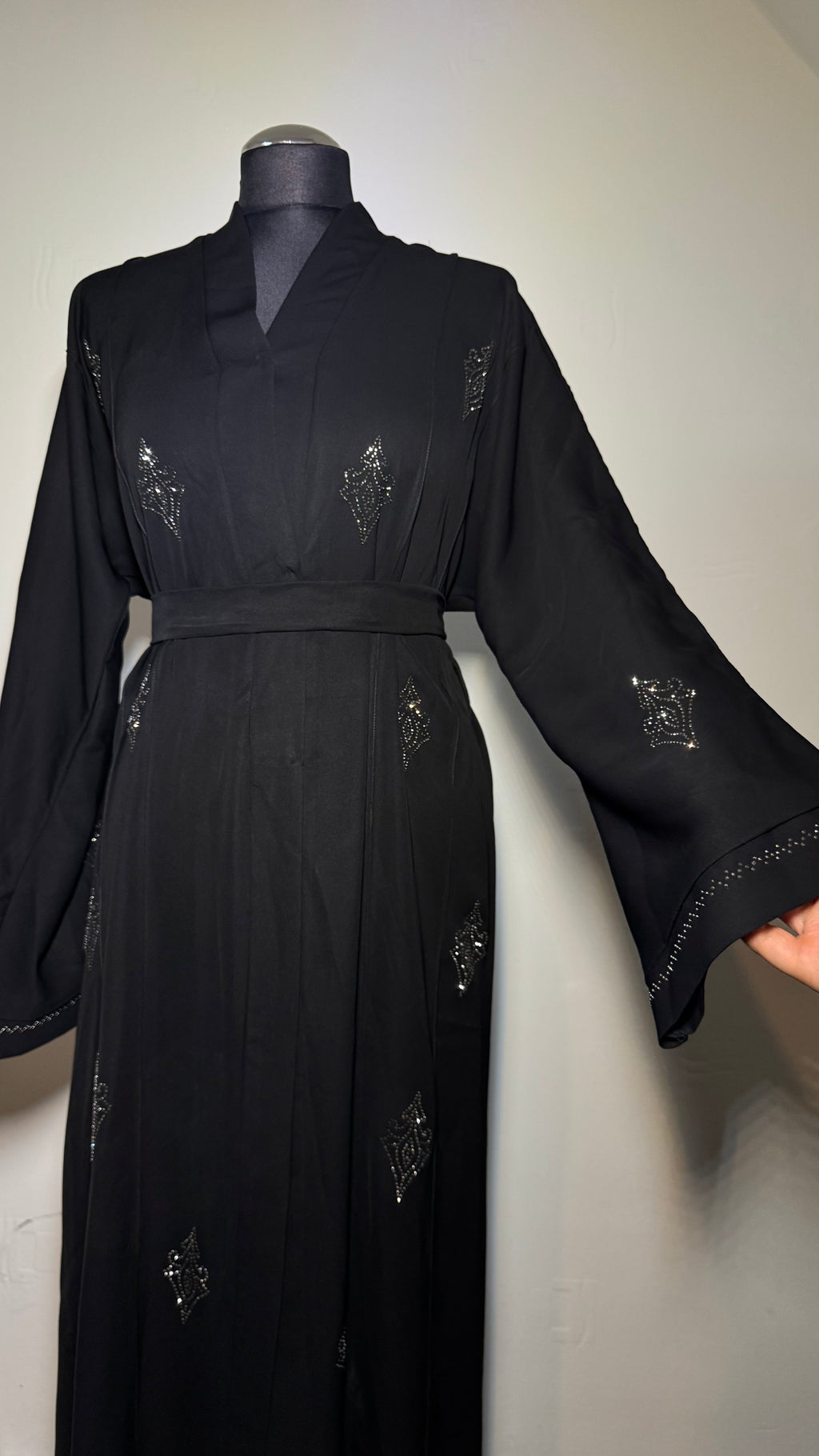 Elegant Abaya with Crystal Detail, Long Sleeve, Belted