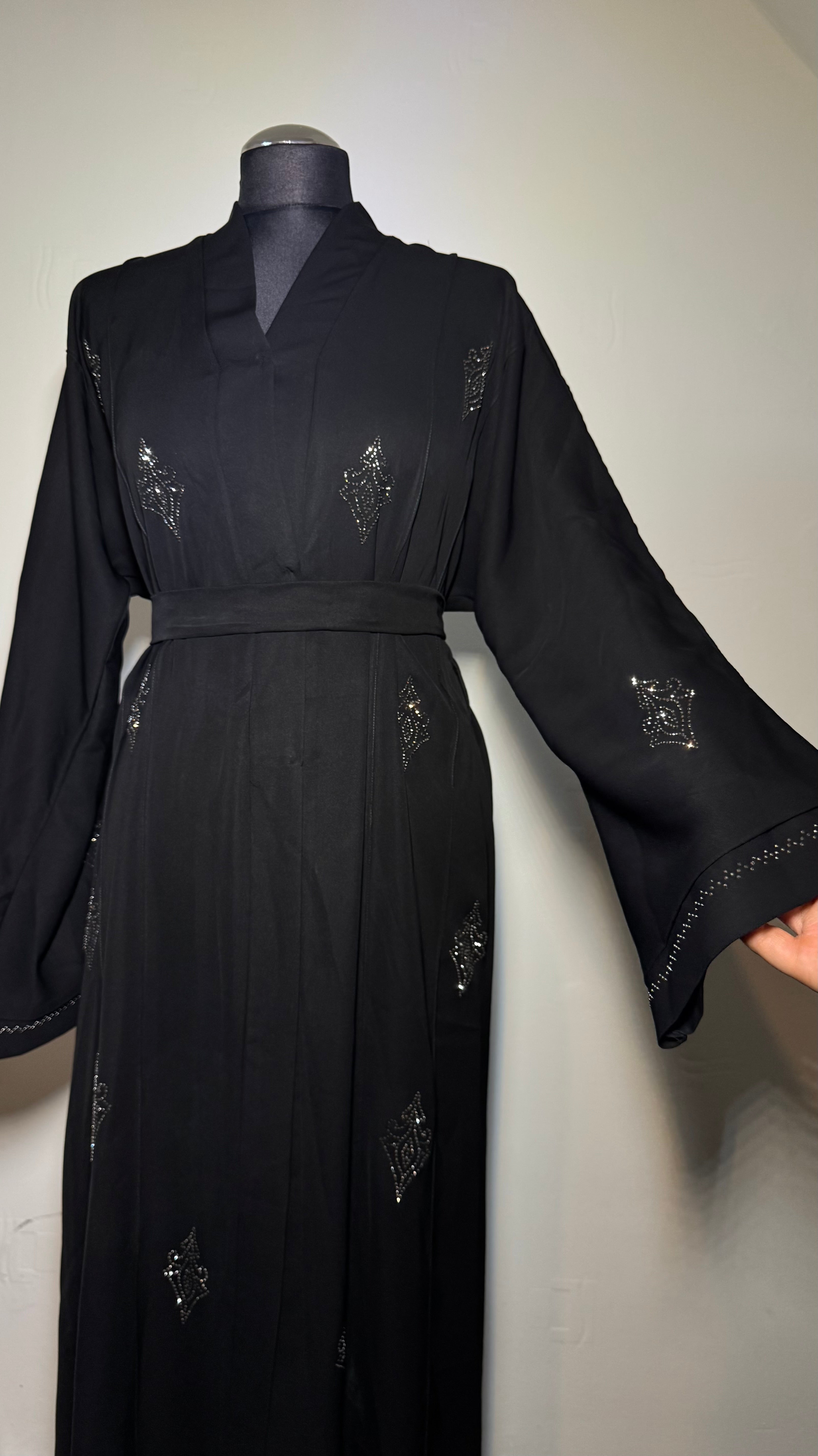 Elegant Abaya with Crystal Detail, Long Sleeve, Belted