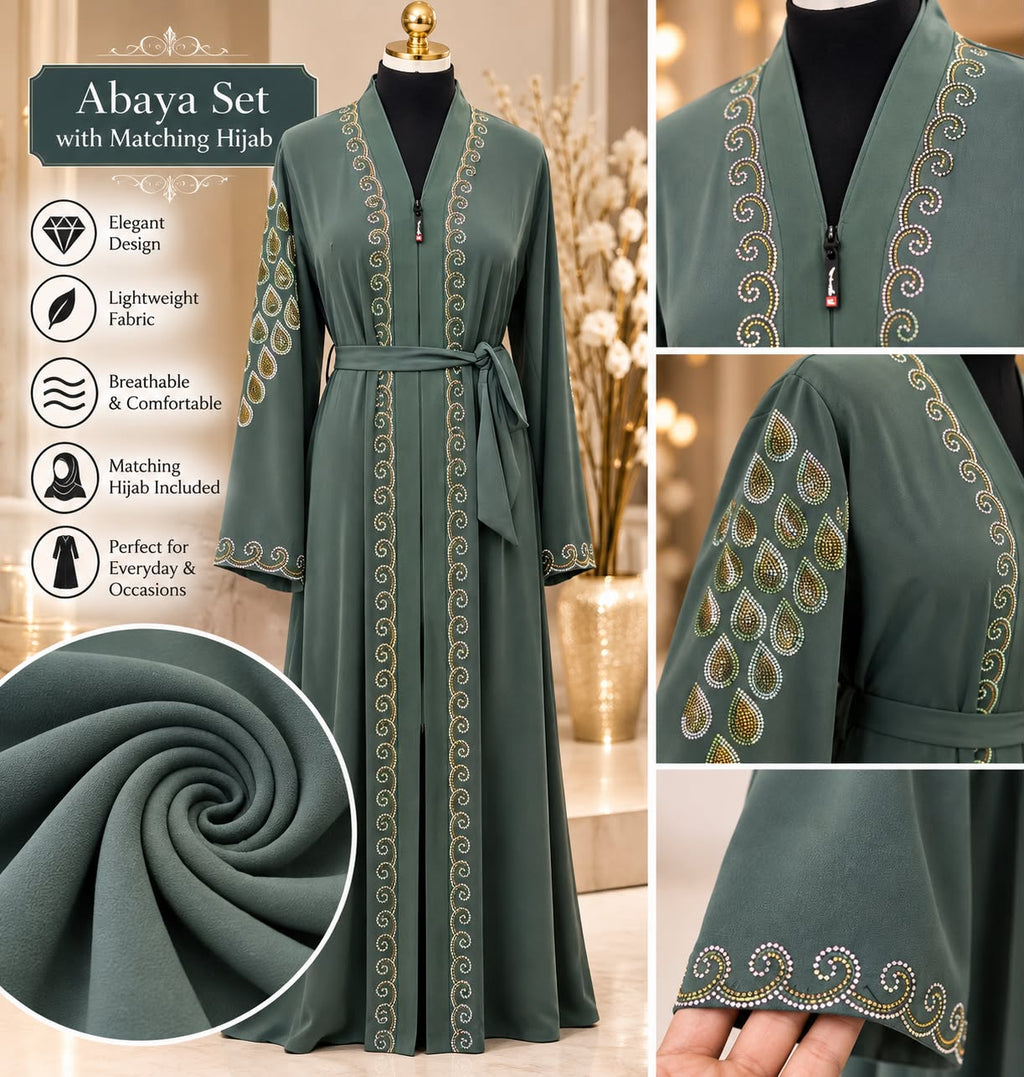 Embellished Abaya with Matching Black Hijab – Rhinestone Detail Belted Open Abaya