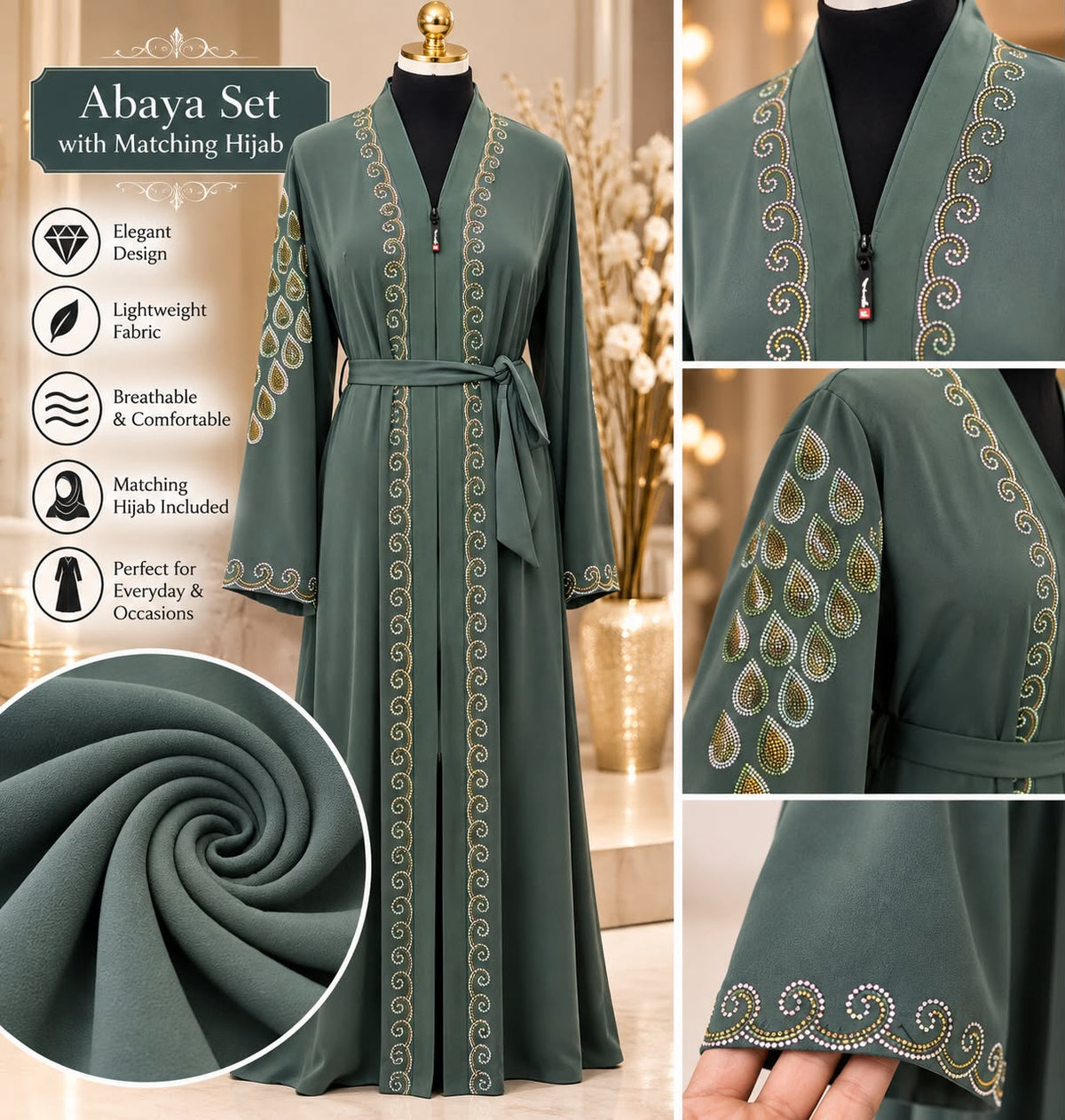 Embellished Abaya with Matching Black Hijab – Rhinestone Detail Belted Open Abaya