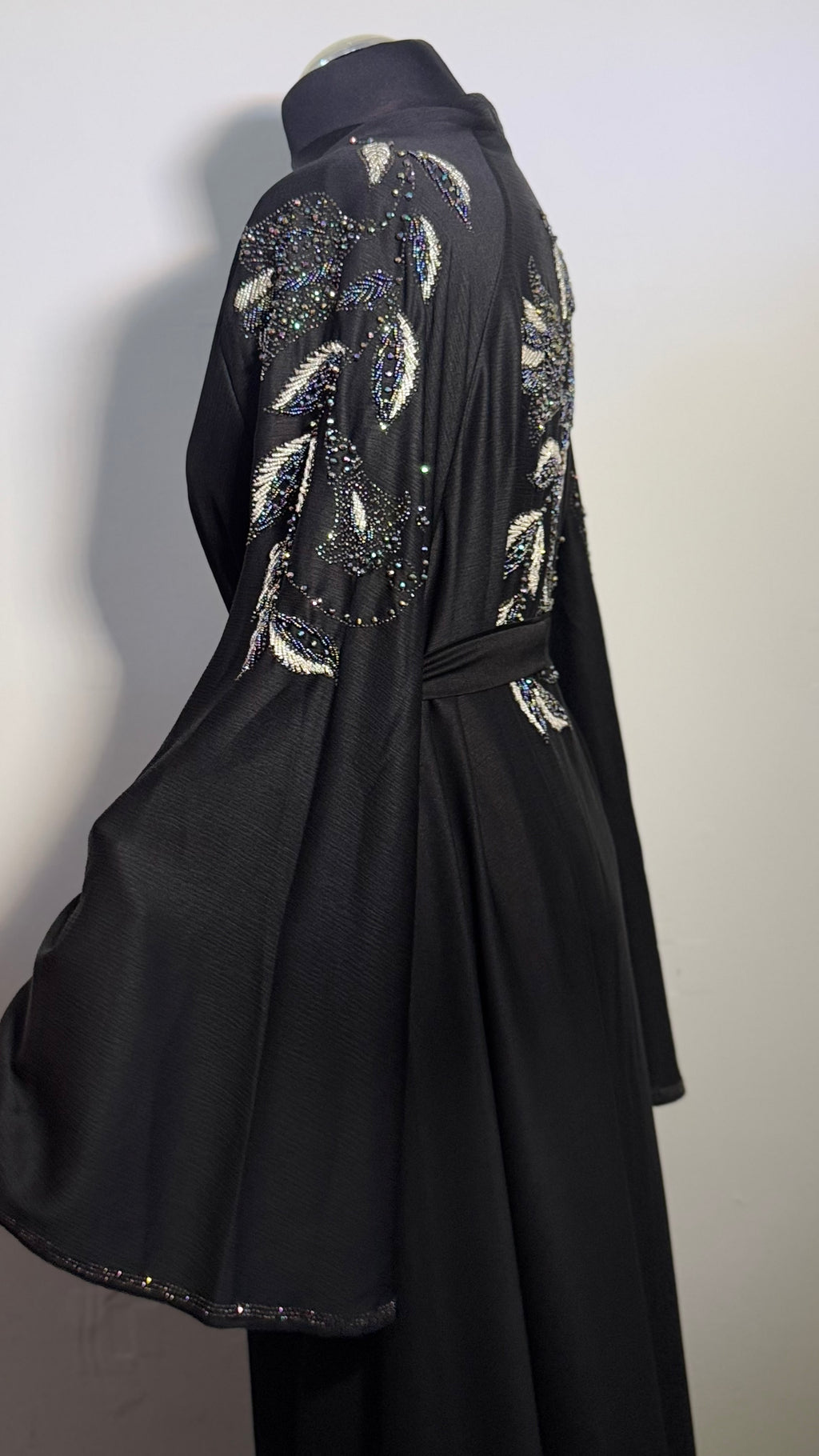 Luxury Black Beaded Abaya Free Size | Elegant Modest Dress | Crystal Embroidered Kaftan | Eid Evening Abaya