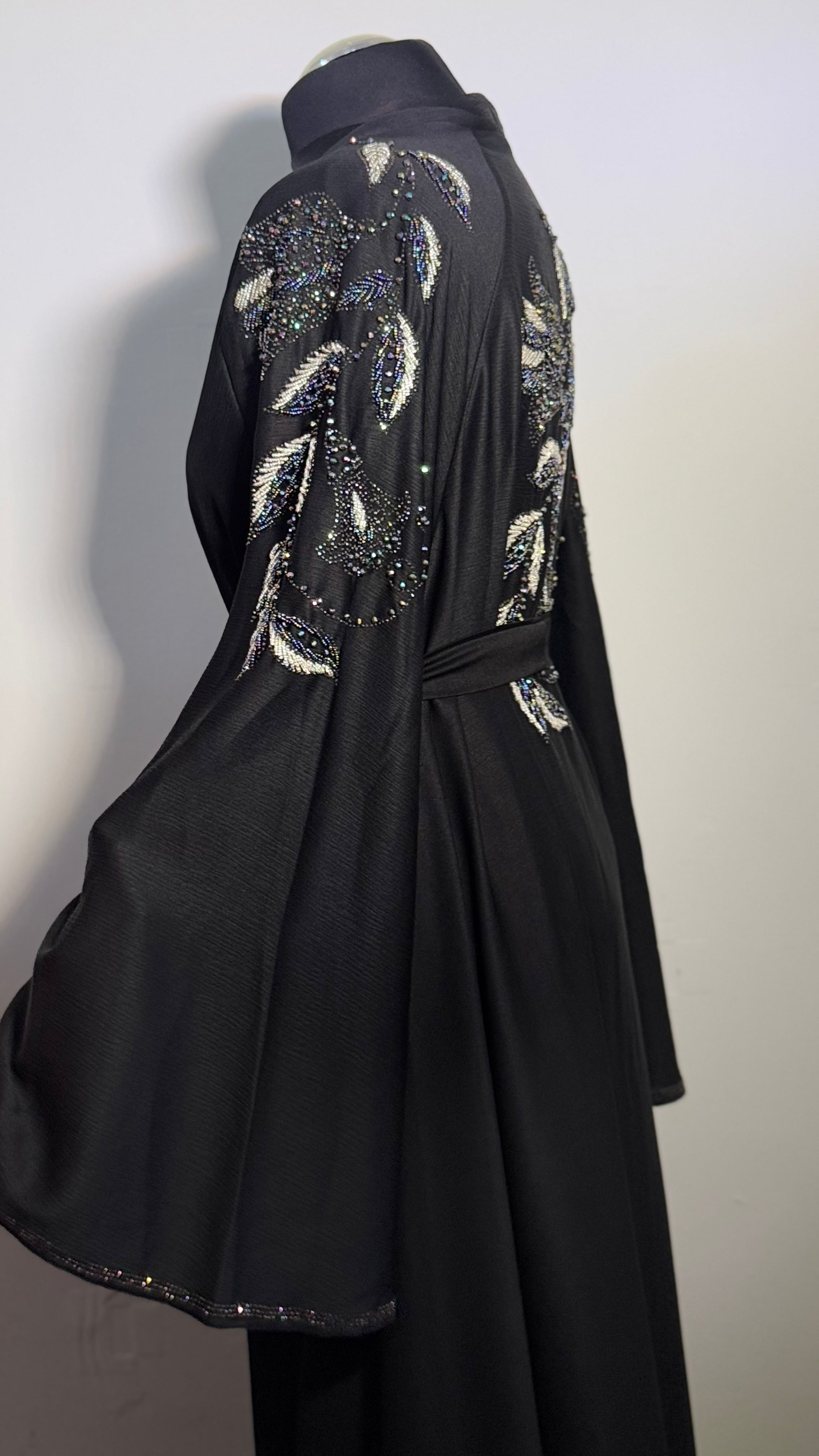 Luxury Black Beaded Abaya Free Size | Elegant Modest Dress | Crystal Embroidered Kaftan | Eid Evening Abaya