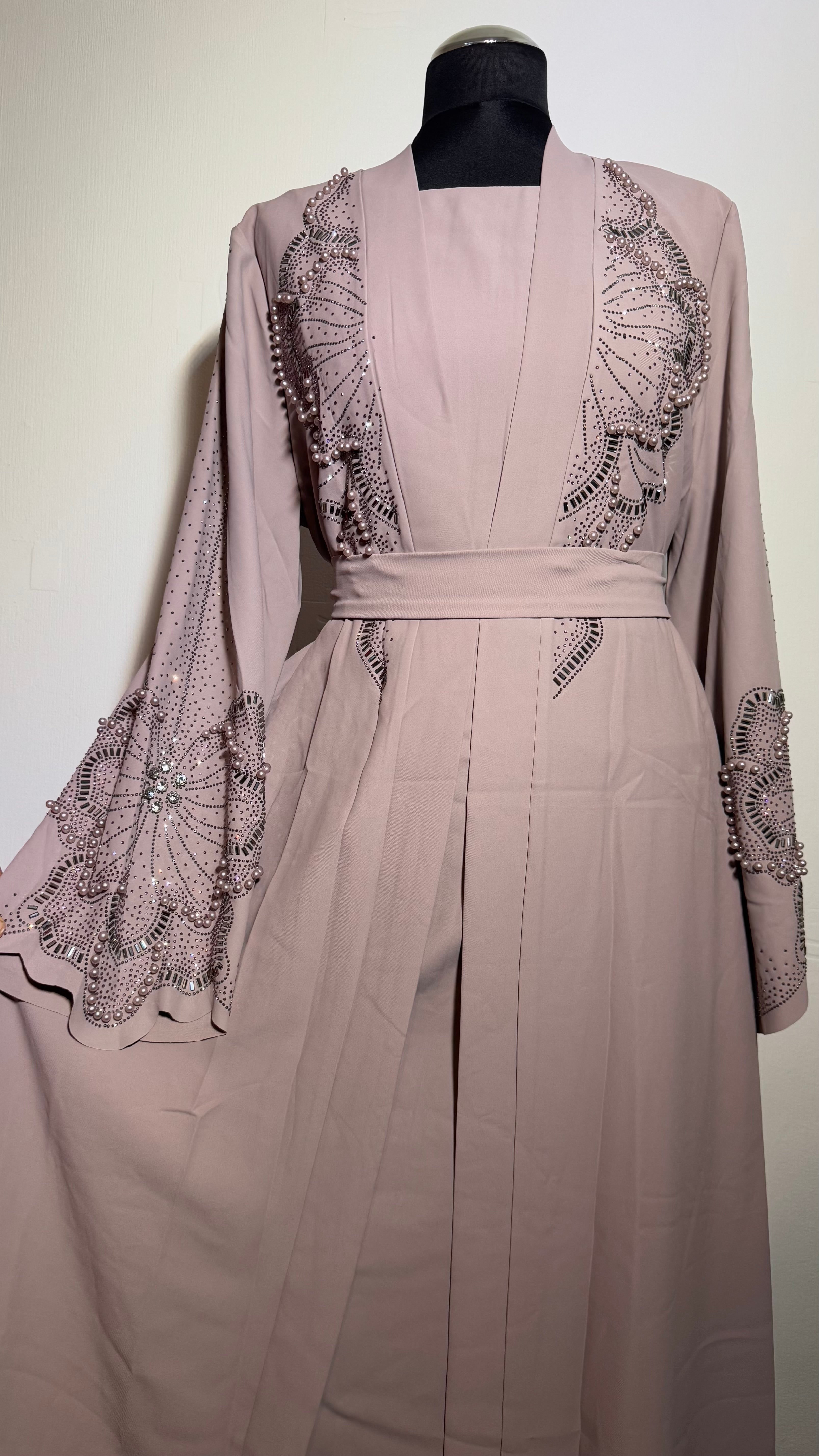 Luxury Embellished 2 Piece Abaya Set, Beaded Sleeve Open Abaya with Inner Dress, Elegant Modest eid Wear