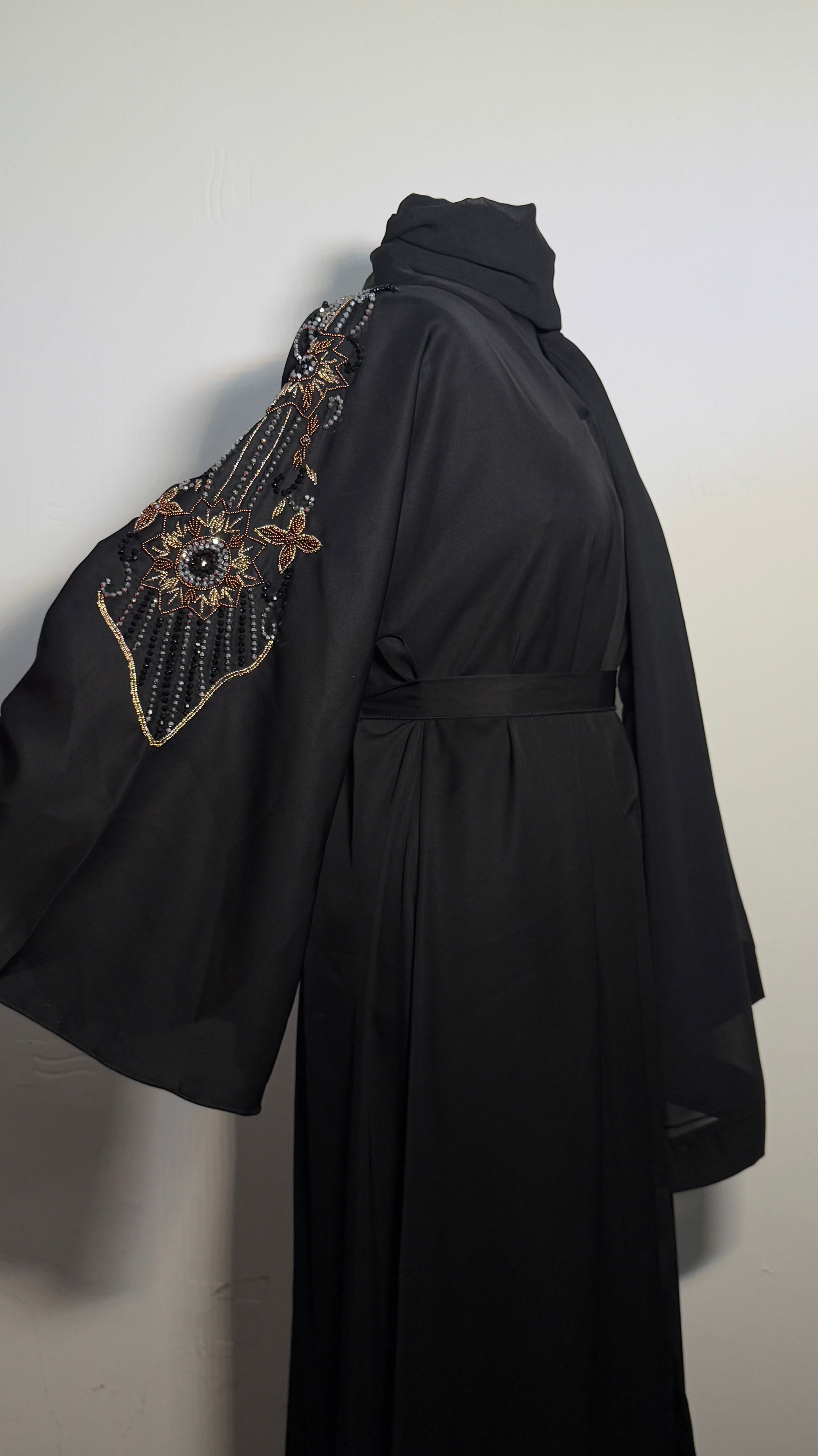 Elegant Black Abaya Dress – Modest Maxi with Back Detail & Embellished Sleeves, Belted