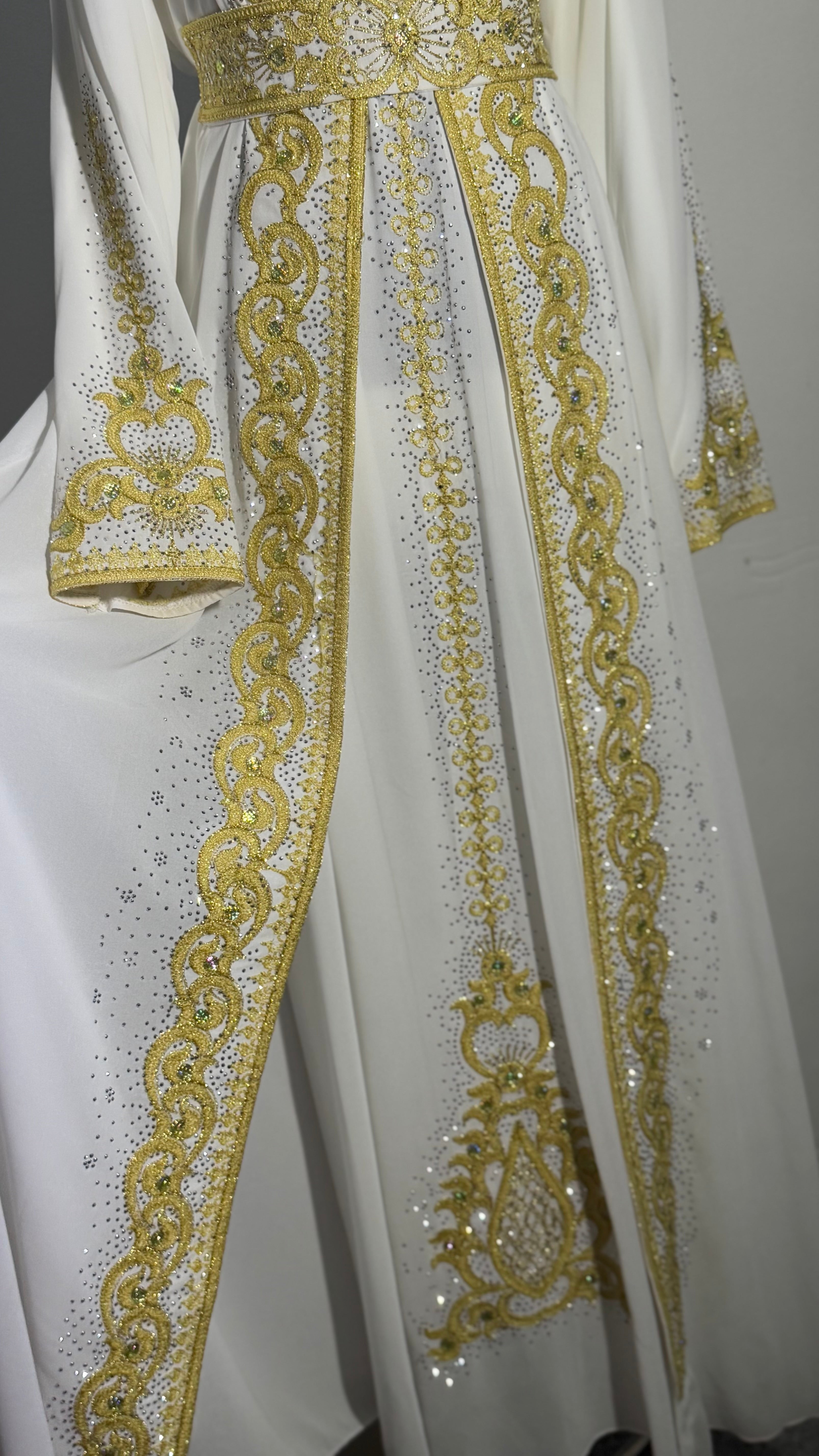 Luxury White & Gold Kaftan | Hand Embellished Moroccan Dress | Elegant Eid Wedding Abaya | Modest Maxi Dress with Belt