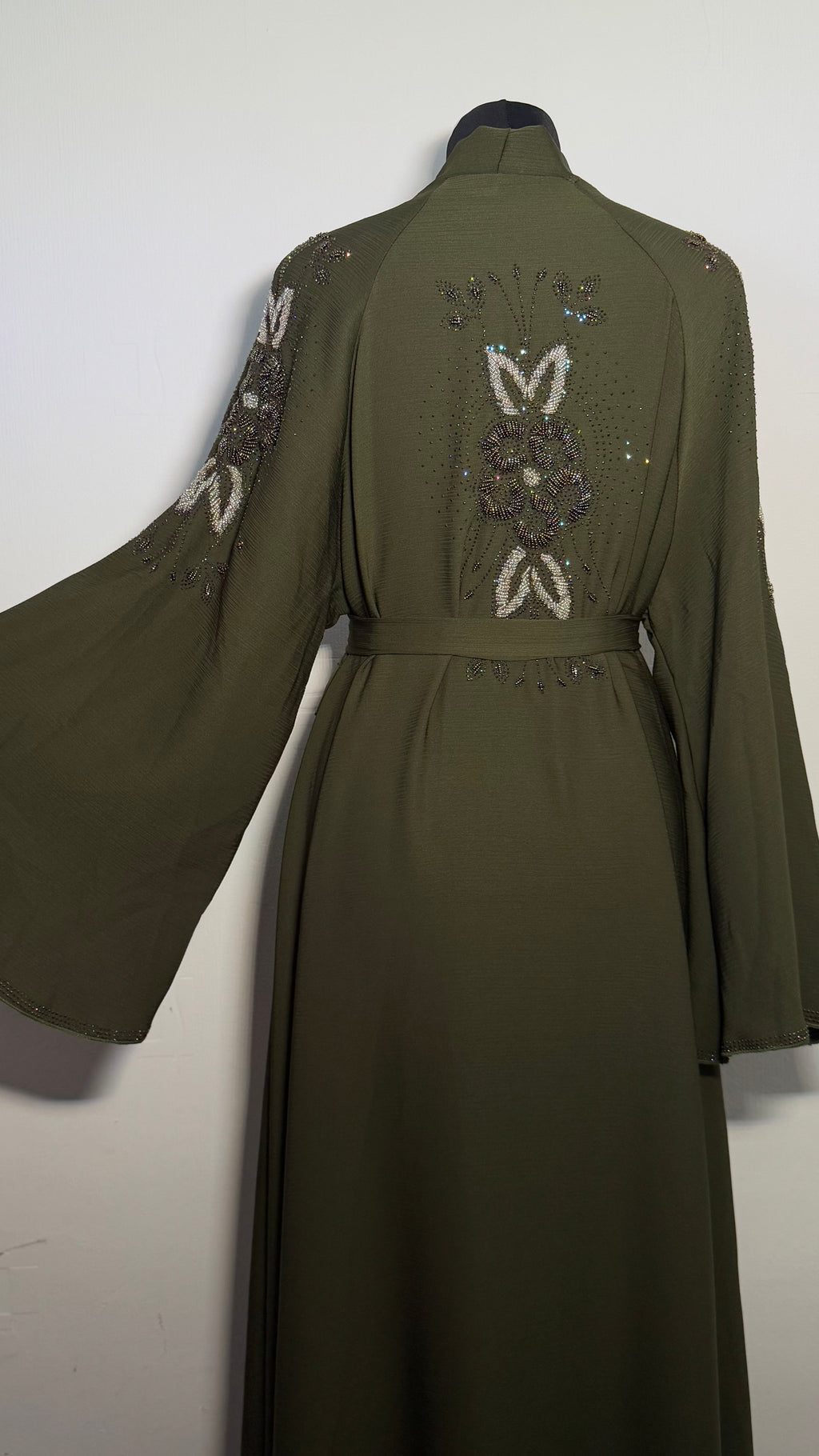 Olive Green Crystal Abaya Free Size | Elegant Beaded Modest Dress | Luxury Kaftan with Back & Sleeve Detail | Eid Evening Wear