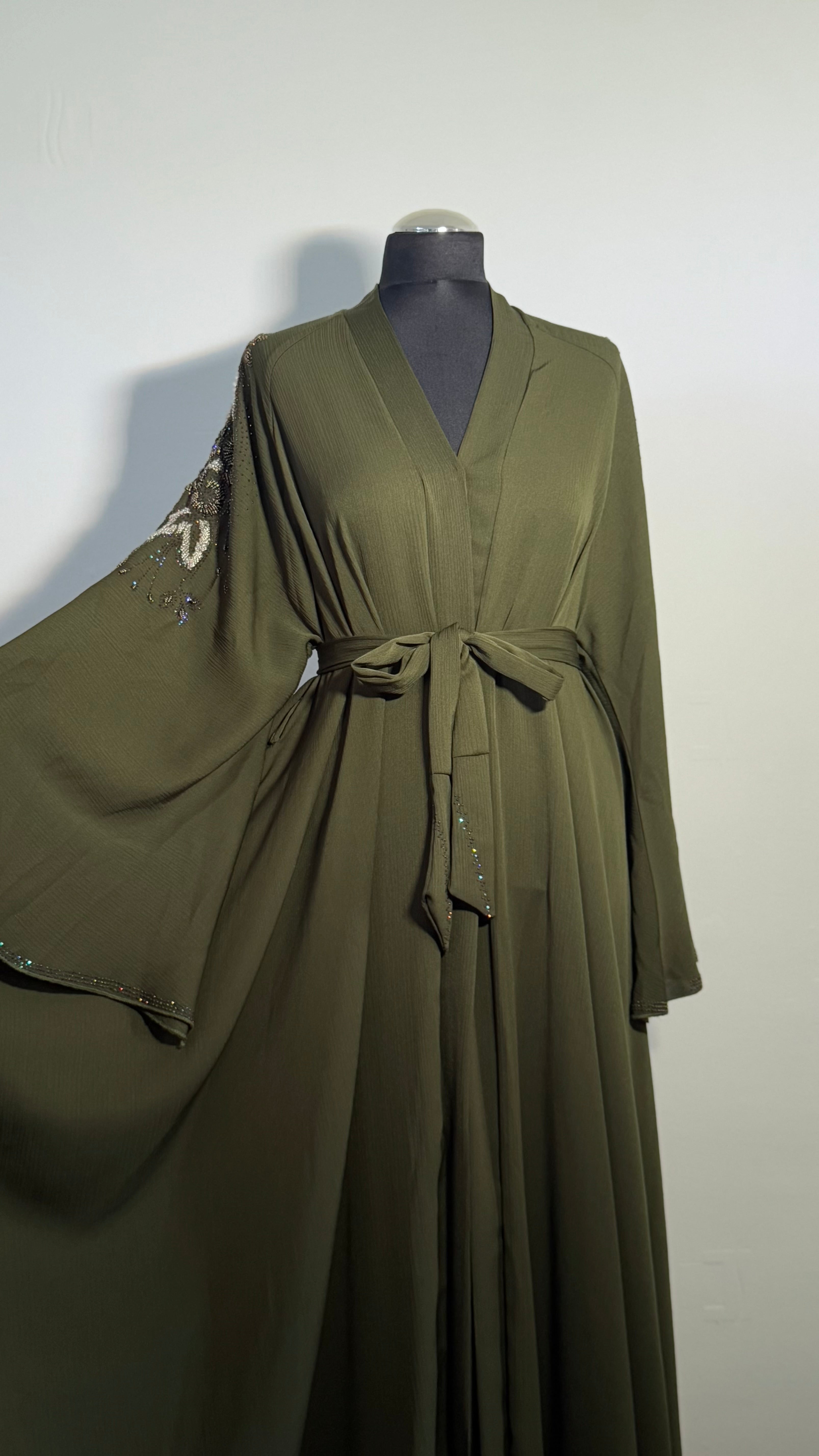 Olive Green Crystal Abaya Free Size | Elegant Beaded Modest Dress | Luxury Kaftan with Back & Sleeve Detail | Eid Evening Wear