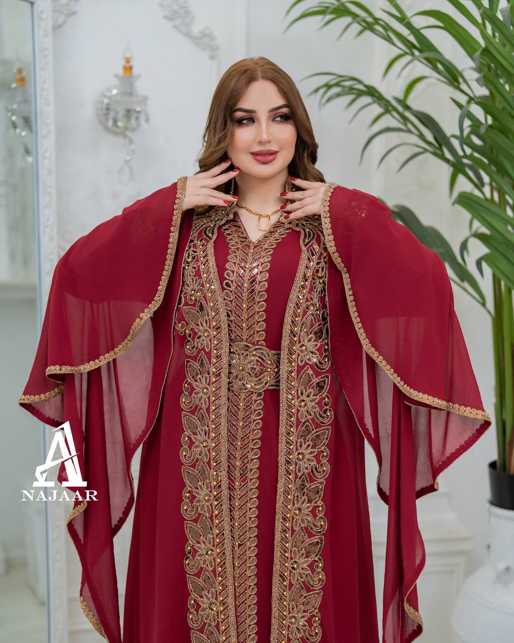 Luxury Crepe Kaftan Set | Crystal Belt, Modest Islamic Gown