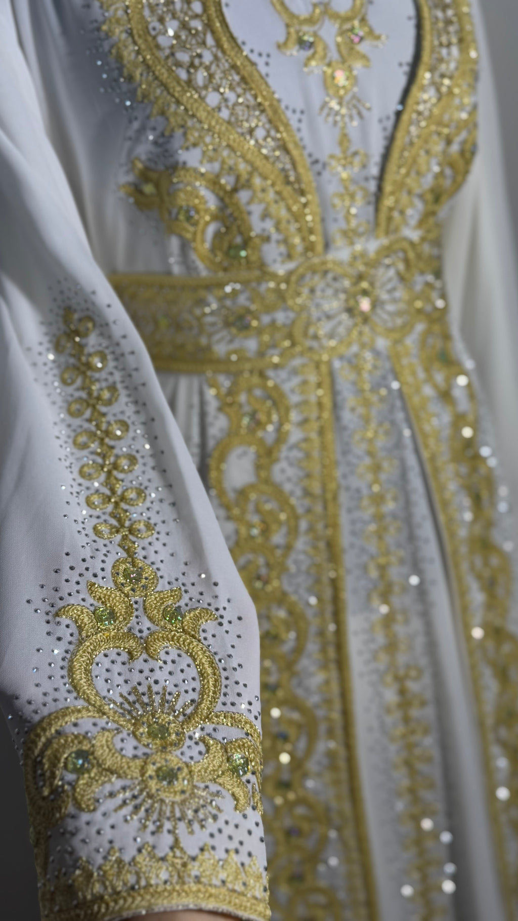 Luxury White & Gold Kaftan | Hand Embellished Moroccan Dress | Elegant Eid Wedding Abaya | Modest Maxi Dress with Belt